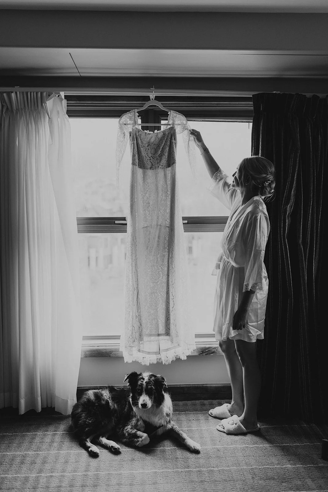 Bride and groom getting ready separately with their dogs in Telluride, Colorado