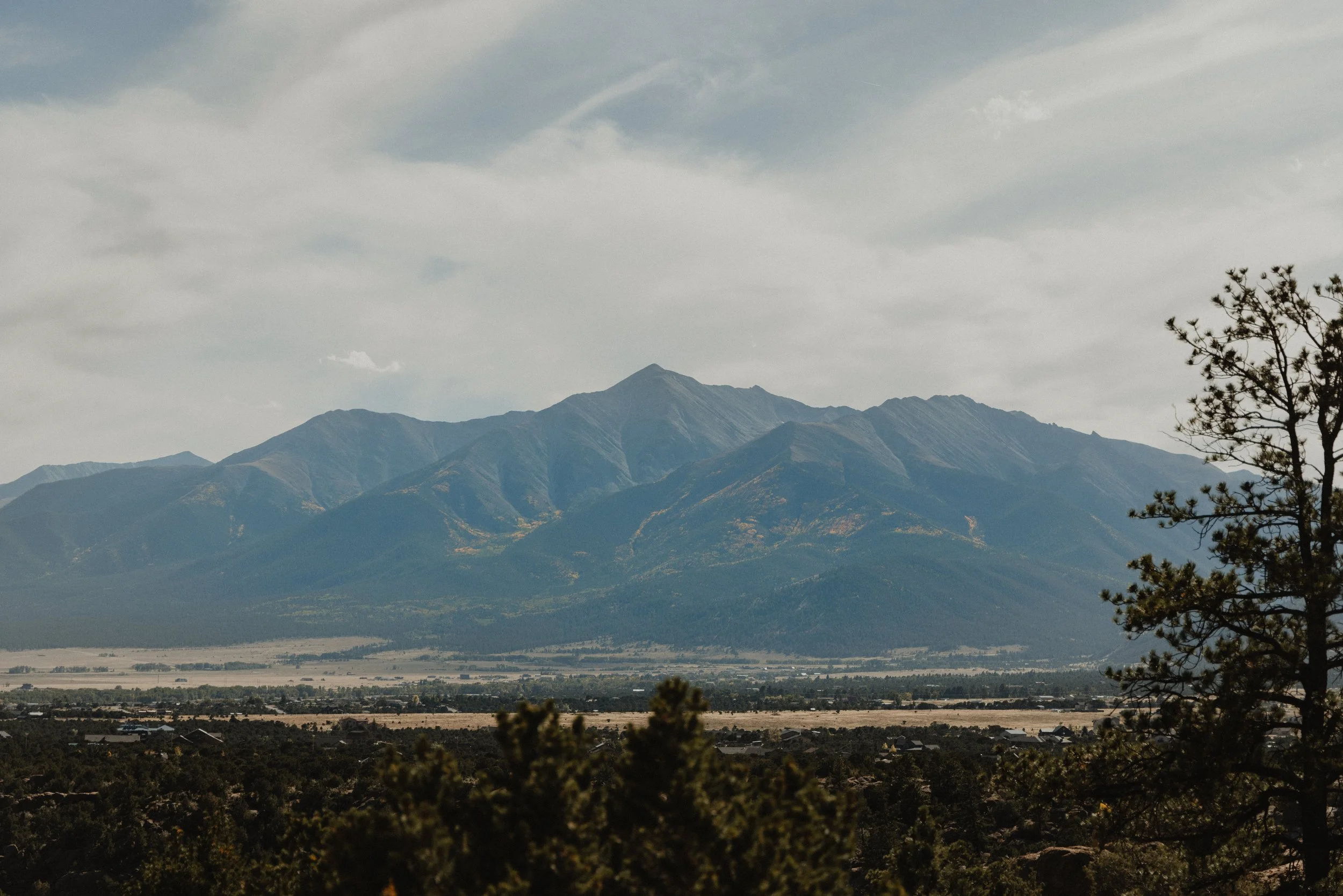 Wide view of Turtle Rock elopement location in Buena Vista, Colorado with Sawatch Range