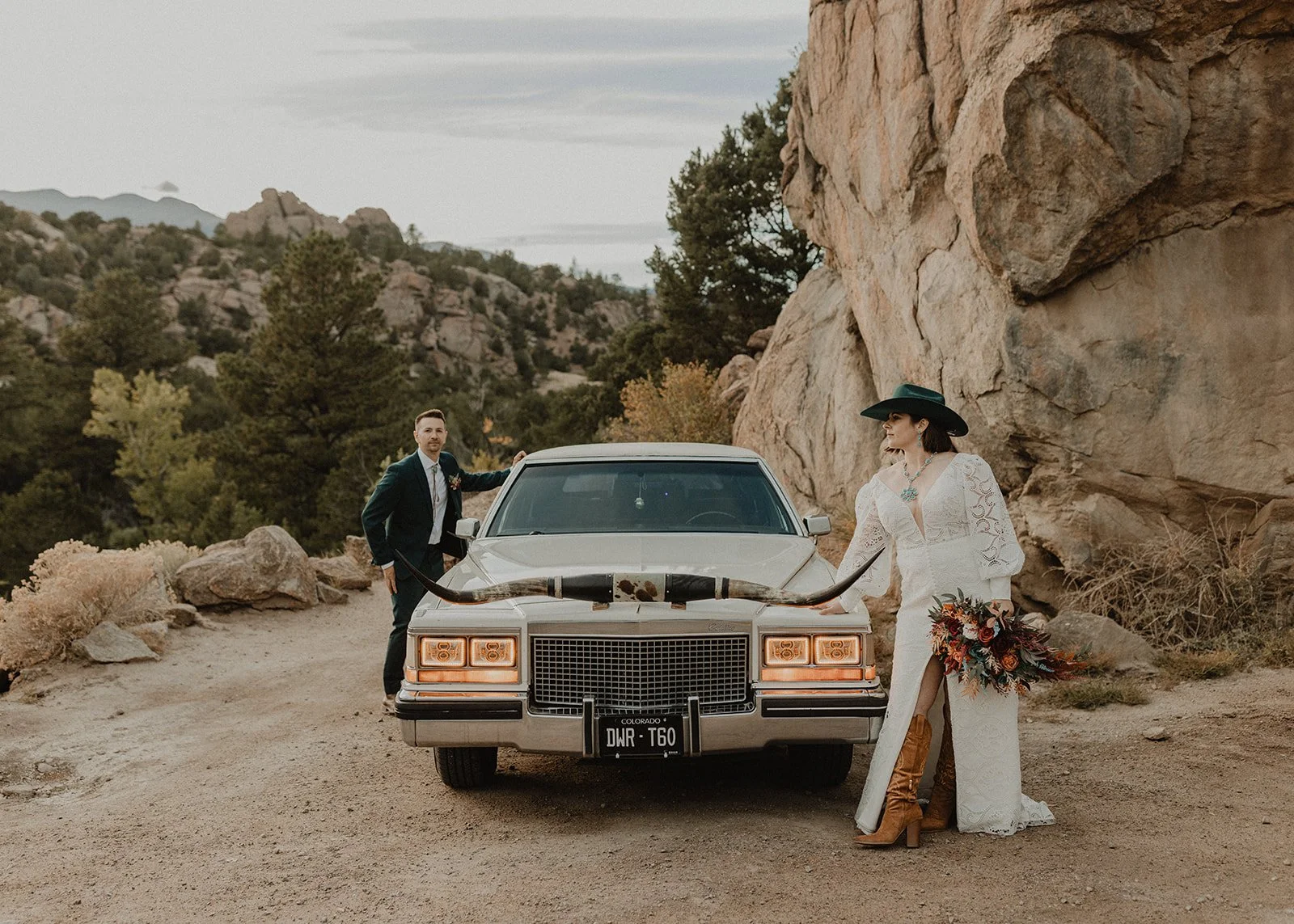 Vintage car portraits at the Midland Tunnels during Buena Vista Colorado elopement