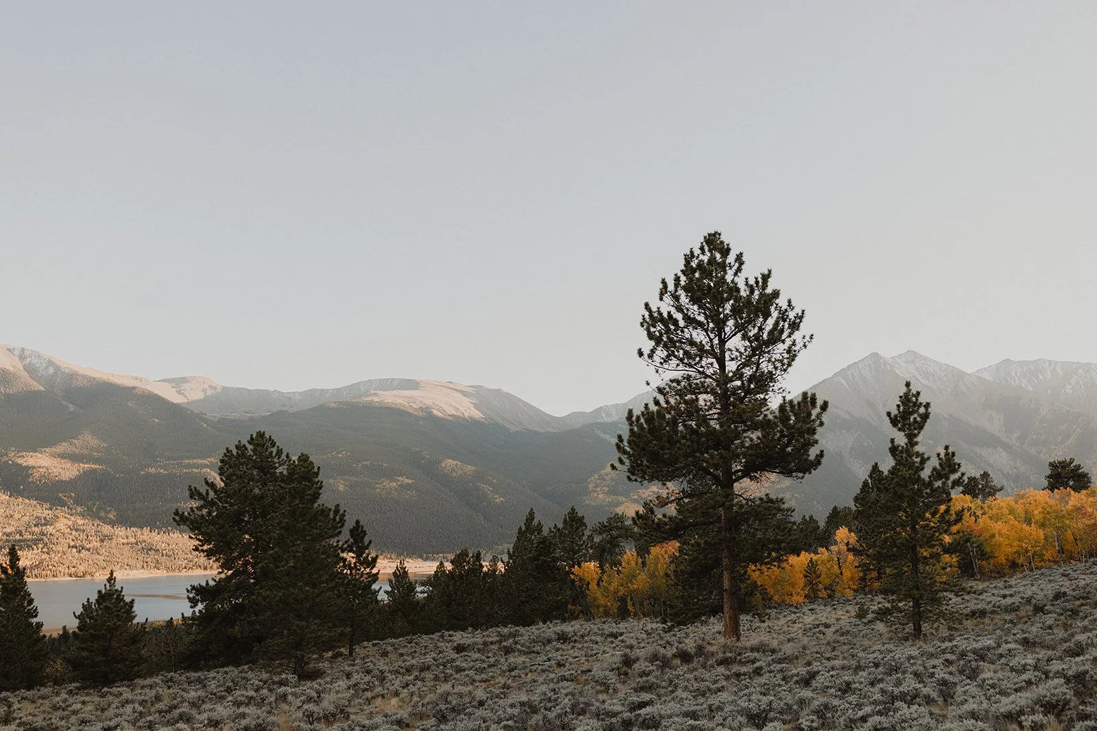 Golden aspens and snow-dusted peaks surrounding Twin Lakes in Buena Vista, Colorado