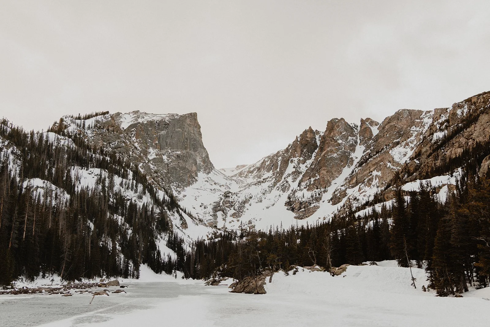 Snow-covered mountain landscape with a frozen lake, dense pine trees, and rugged peaks under an overcast sky.