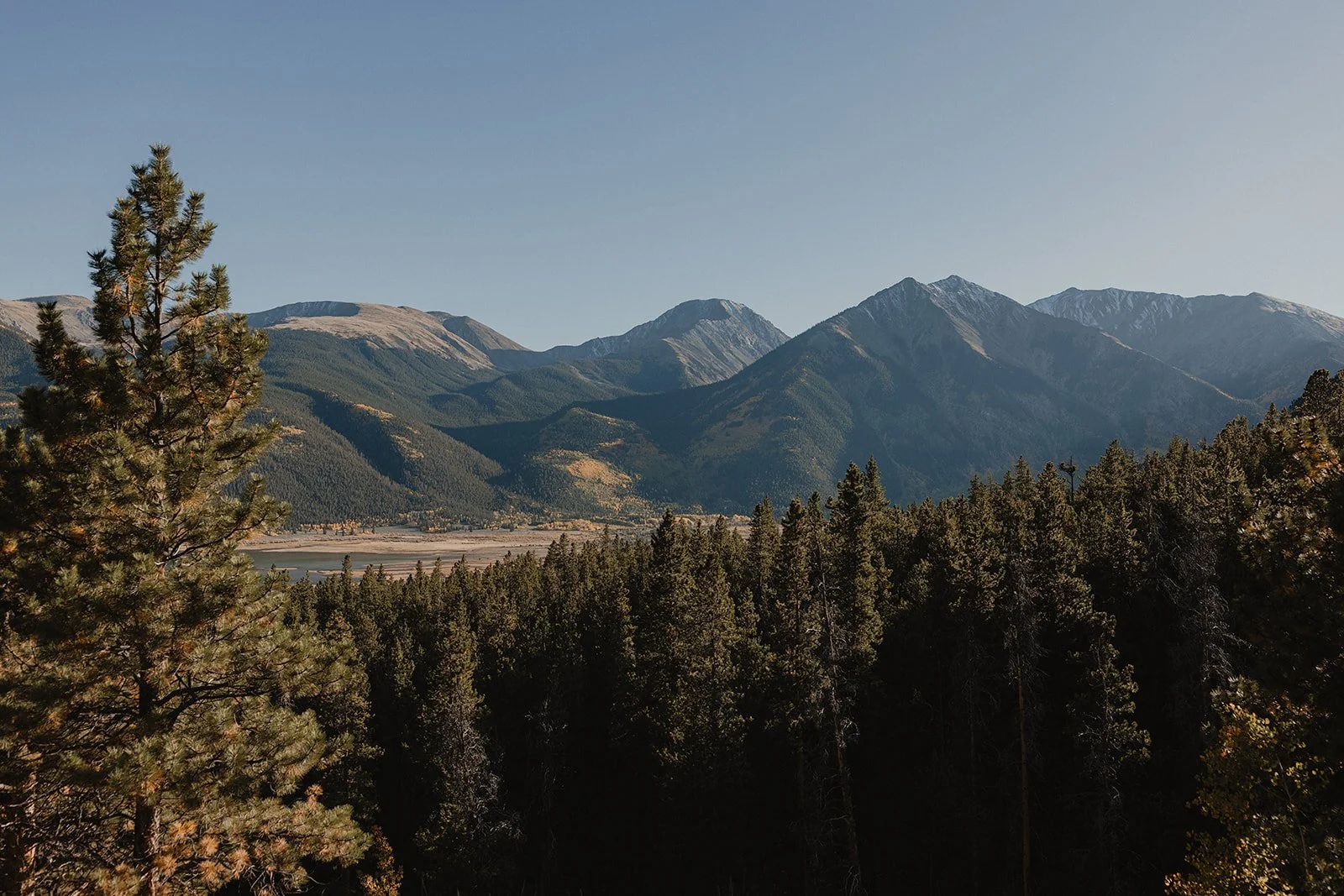 Wide mountain view of Twin Lakes during Jill and Con’s elopement in late September
