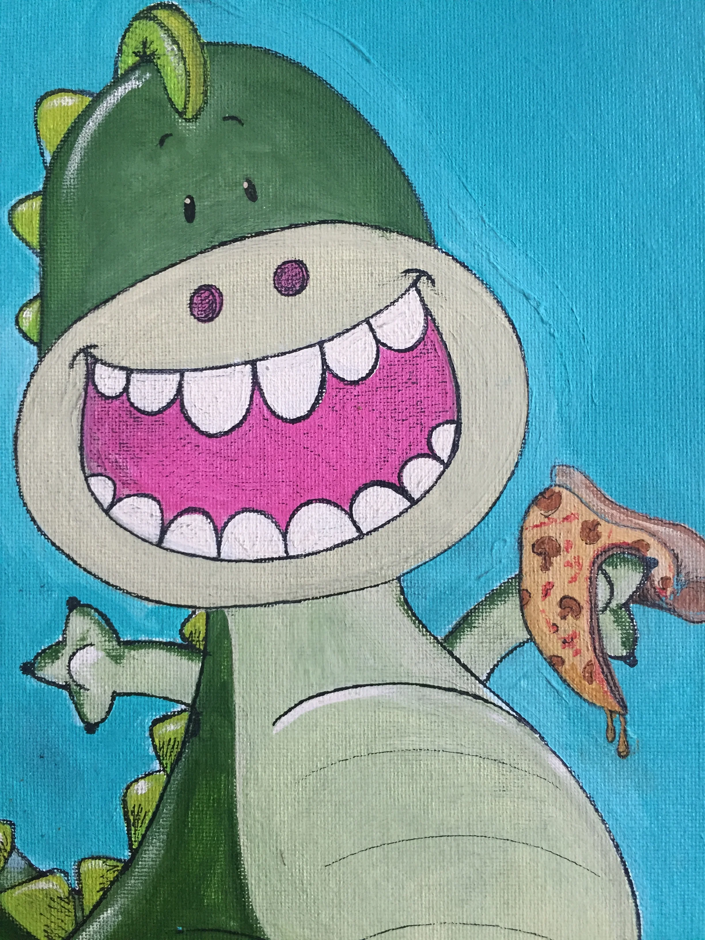   terrance the t-rex is BONKERS for mushy mushroom pizza.  &nbsp;  custom wedding present, acrylic on flat canvas panel. &nbsp;16"x20". 
