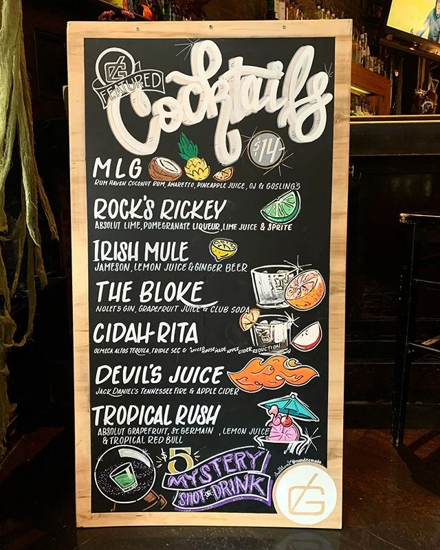 The Fall cocktail menu is now live at @goodlifebar in Downtown Boston!⁣⁣
⁣⁣
Cidah-Rita all the way! 🙌🏽🍎🍏🥃⁣⁣
⁣⁣
⁣
⁣
⁣
#chalkboard #chalkboardmenu #lettering #handlettering #alwayshandpaint #leftylettering #signmaker #signwriters #font #typography