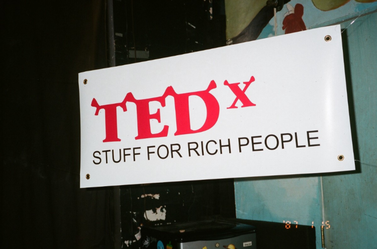 Banner for a parafictional TedTalk series for Jimmy Market: Stuff for Rich People at the Observatory; 2016; role: designer and fabricator ; photograph by Nick Matsas