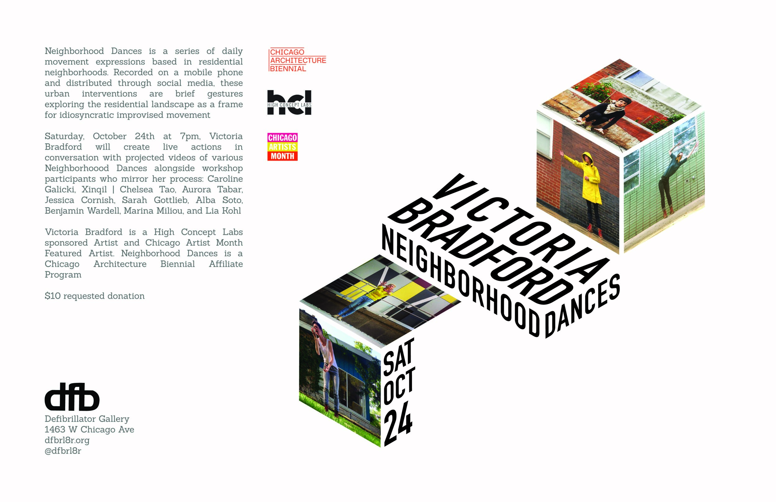 Tabloid for Victoria Bradford's Neighborhood Dances (featured at the MCA) for Defibrillator Gallery; 2015; role: designer; This poster employed isometrics to replicate the conditions of the artist's performances, which blended the body with surrounding architecture and space.