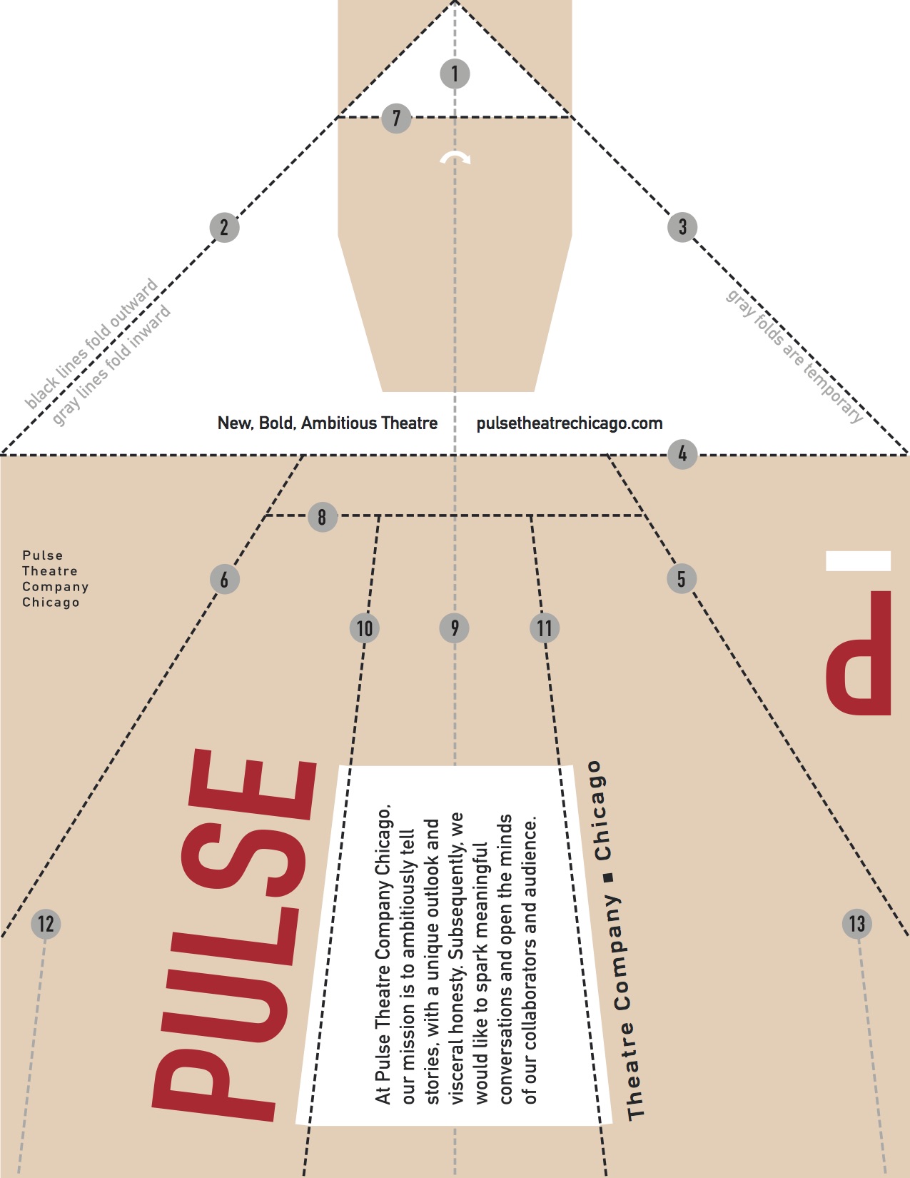 Paper Airplane guerrilla flyer for Pulse Theatre Company, Chris Jackson; 2014; role: designer; This flyer comprised of an interactive and playful hook to grab attention in the Chicago loop.