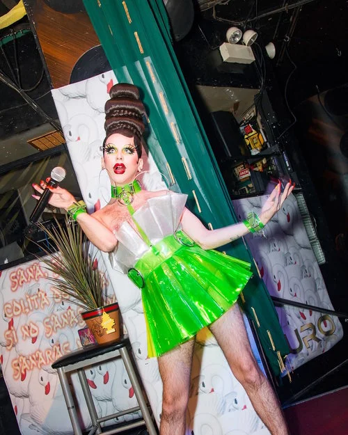 DURO23 at Berlin Nightclub; Chicago, IL; 2017 role: installation, graphics, cactus fabric piece ; pictured: Imp Queen (@imp_kid), photographed by Eric Michael Kommer.