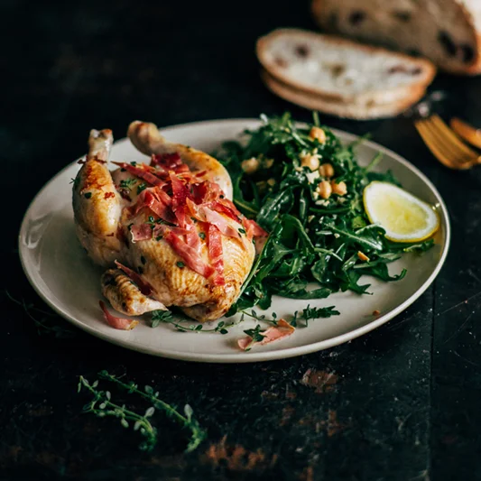 Roast Spatchcock with Hazelnut and Rocket Salad