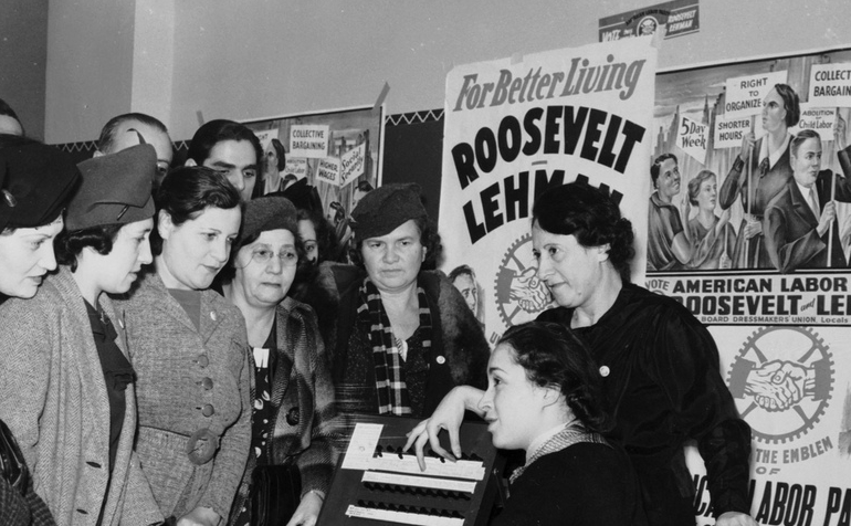 Press photo showing the poster in action along with another FDR/Lehman poster. If you have examples of either, in any condition, contact Scott Mussell at srmussell@me.com or at 515.707.7250 anytime. 