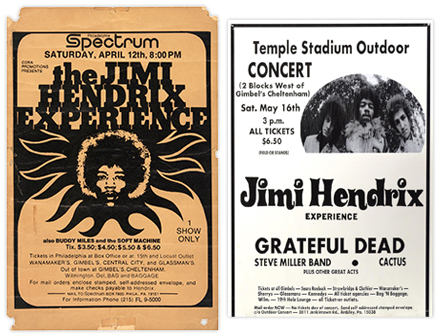 These two Philadelphia area posters are also on Mussell's want list. The first was produced for a one off show in 1969 at the Philadelphia Spectrum. The Second for a show in 1970 that was the only time Hendrix and the Grateful Dead performed on the same stage on the same day. Collector Scott Mussell is actively seeking examples for his collection. If you have these or other Hendrix concert posters contact him at srmussell@me.com or at 515.707.7250 anytime. 