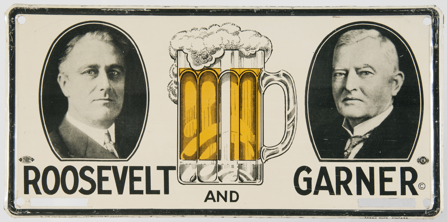 A rare Roosevelt/Garner license plate attachment from Mussells personal collection. 