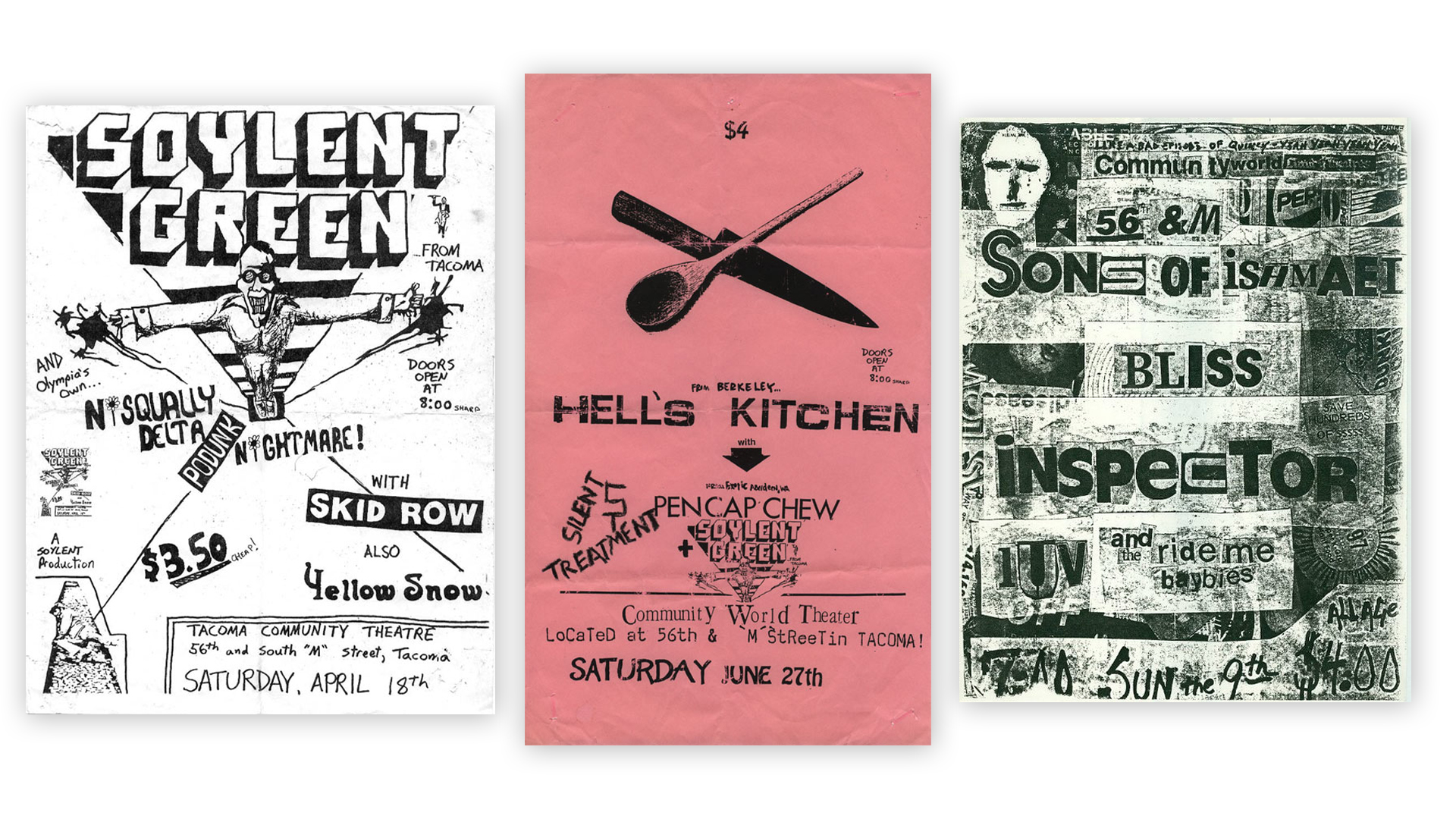 Three early pre-Nirvana flyers from the Community World Theater with the band listed as Skid Row, Pen Cap Chew and Bliss respectively. If you have any of these flyers contact Mussell at 515.707.7250 anytime. 