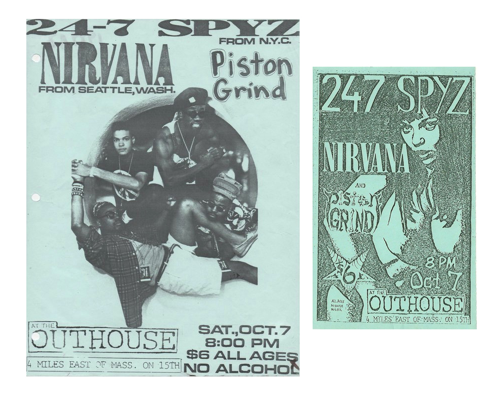 A flyer and handbill from Nirvana's first appearance in Kansas at The Outhouse opening for 24-7 Spys during a 1989 American tour. If you have original examples of these or other pre-1992 Nirvana concert posters, flyer or handbills contact Scott Mussell at srmussell@me.com or 515.707.7250 anytime. 