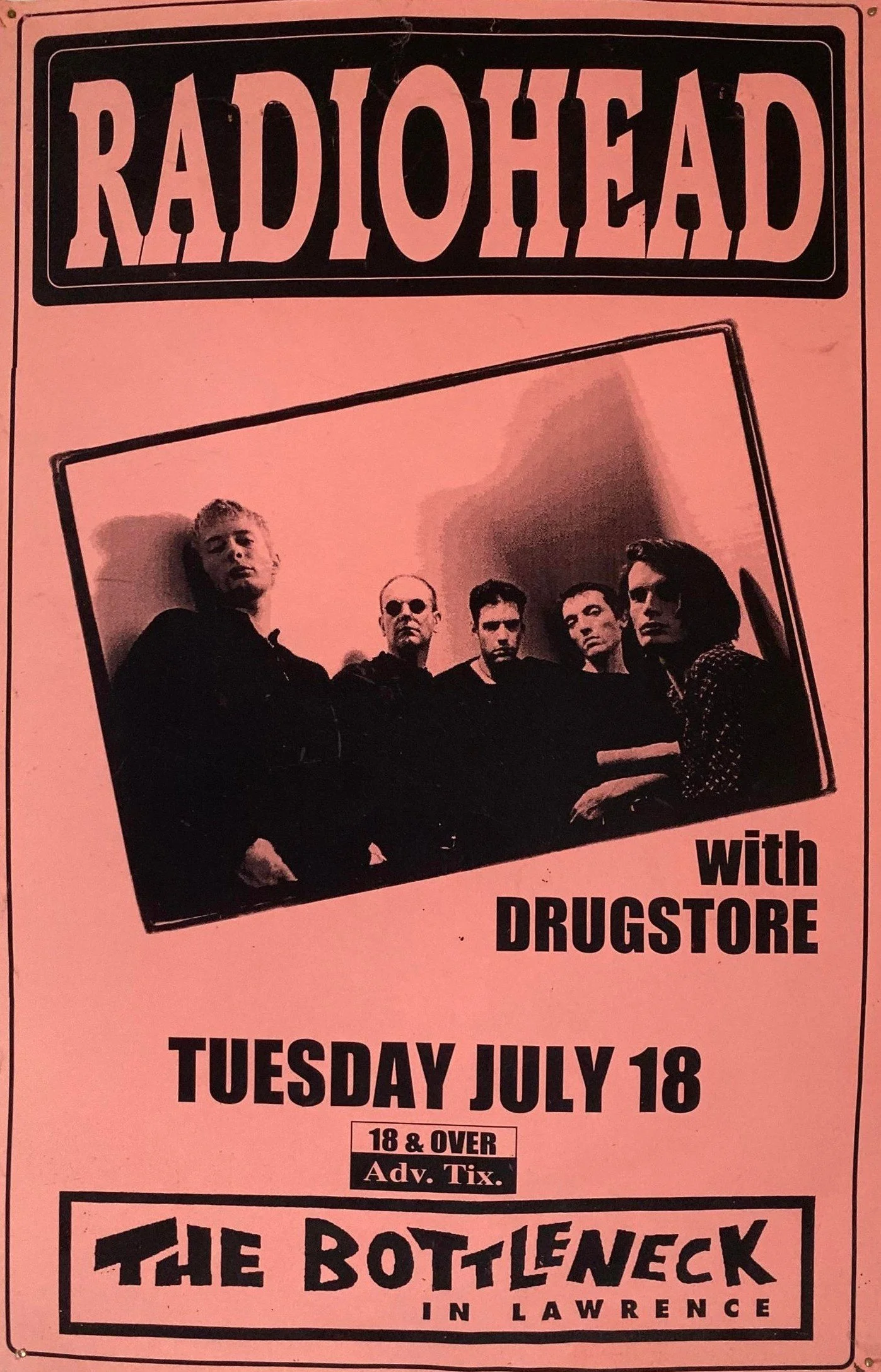Pink Radiohead concert poster for July 18, 1995 at The Bottleneck in Lawrence, Kansas, with band photo and opening act Drugstore