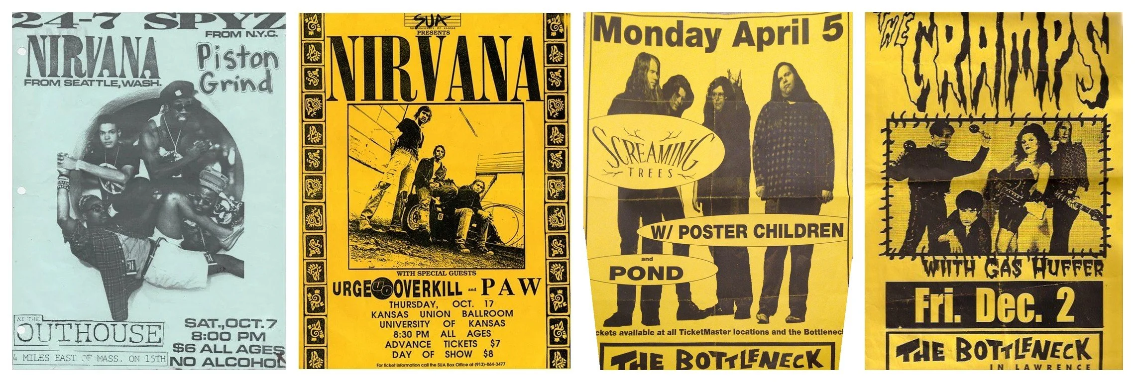 Four Lawrence, Kansas concert posters: Nirvana at The Outhouse 1989, Nirvana at the Kansas Union Ballroom 1991, Screaming Trees and The Cramps at The Bottleneck