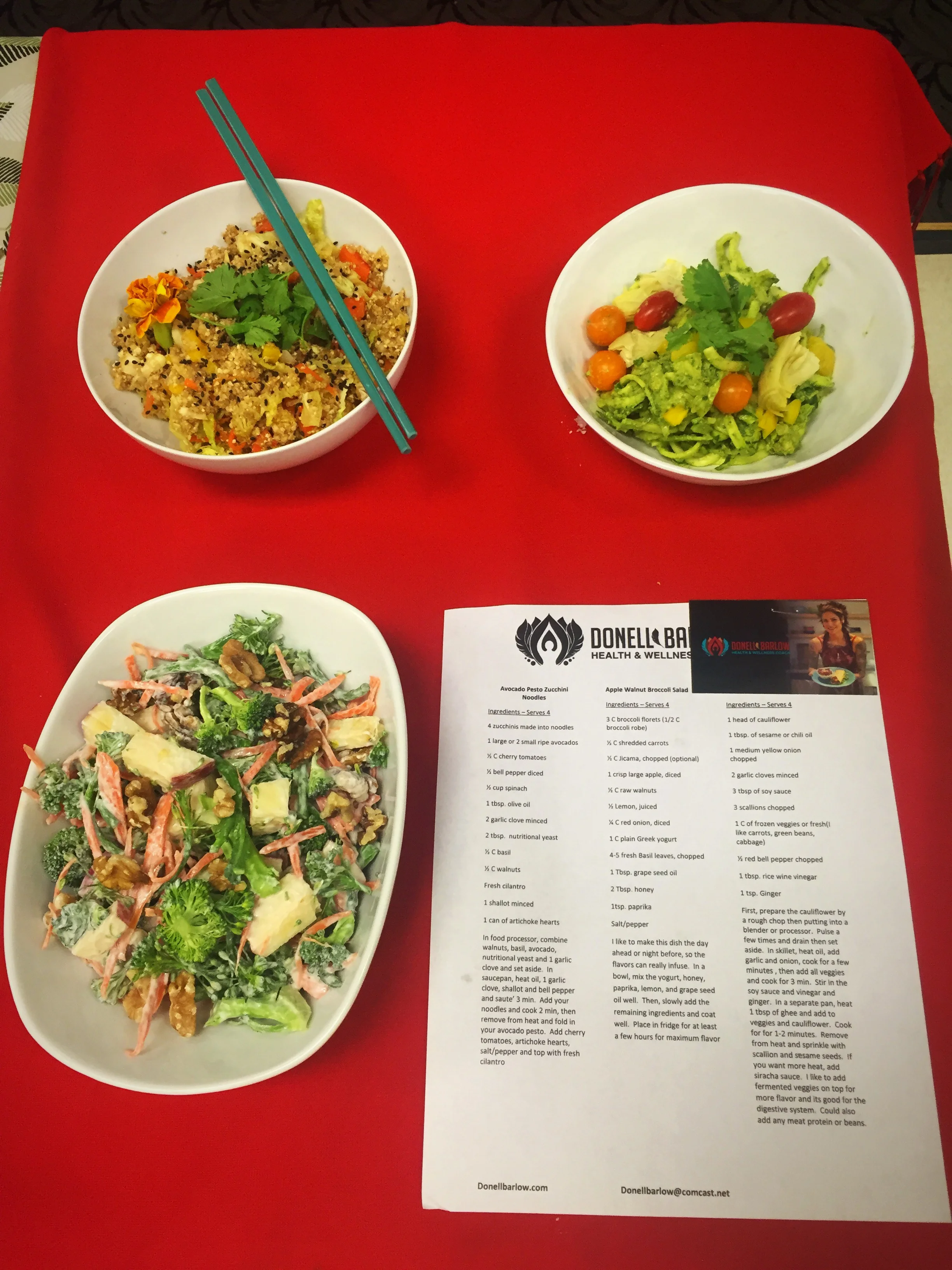 For my cooking Demo at vegfest this weekend, I made avocado pesto zucchini noodles, cauliflower fried rice, and a walnut broccoli salad