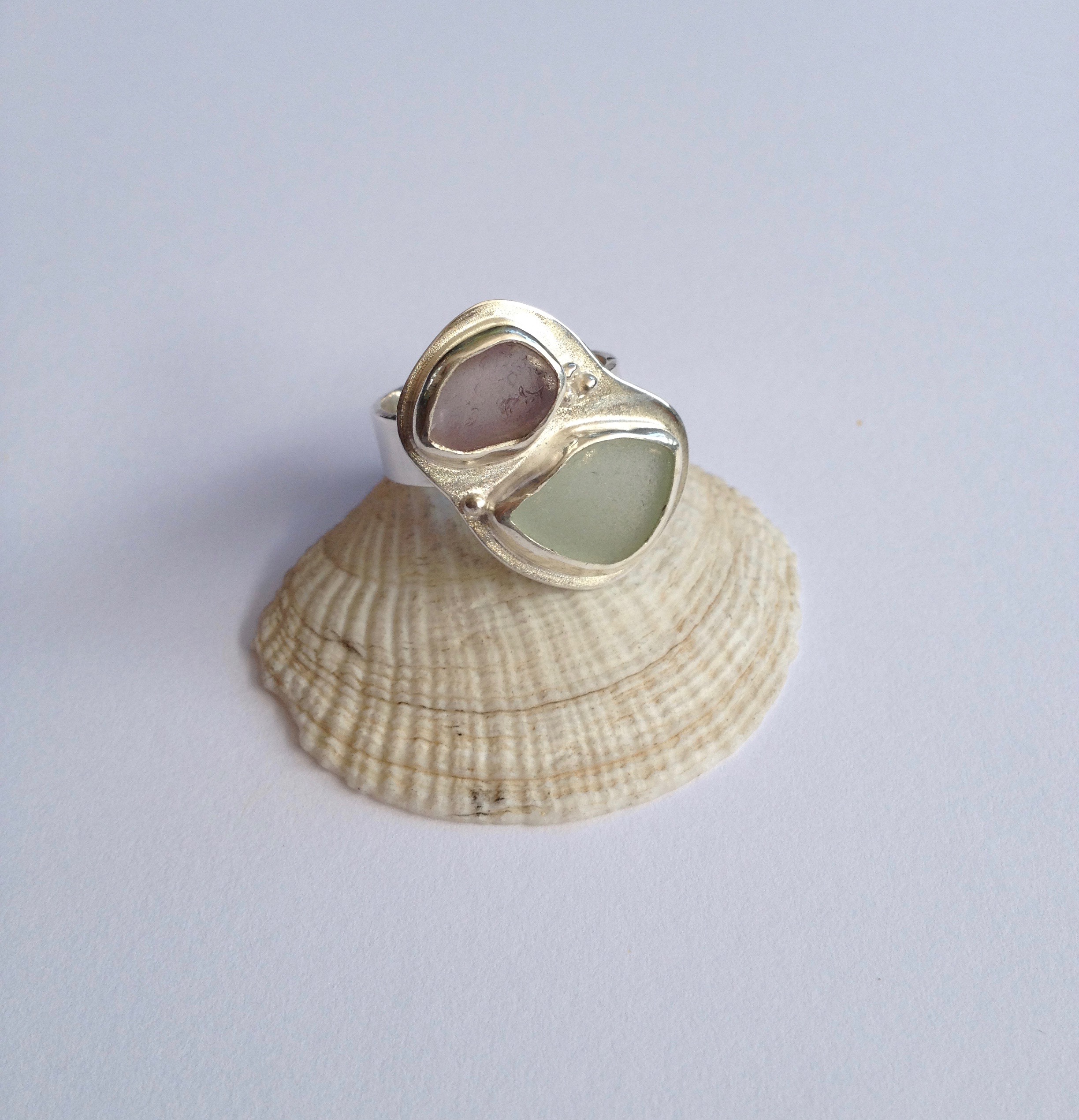 Lavender and Wintergreen Double Sea Glass Ring