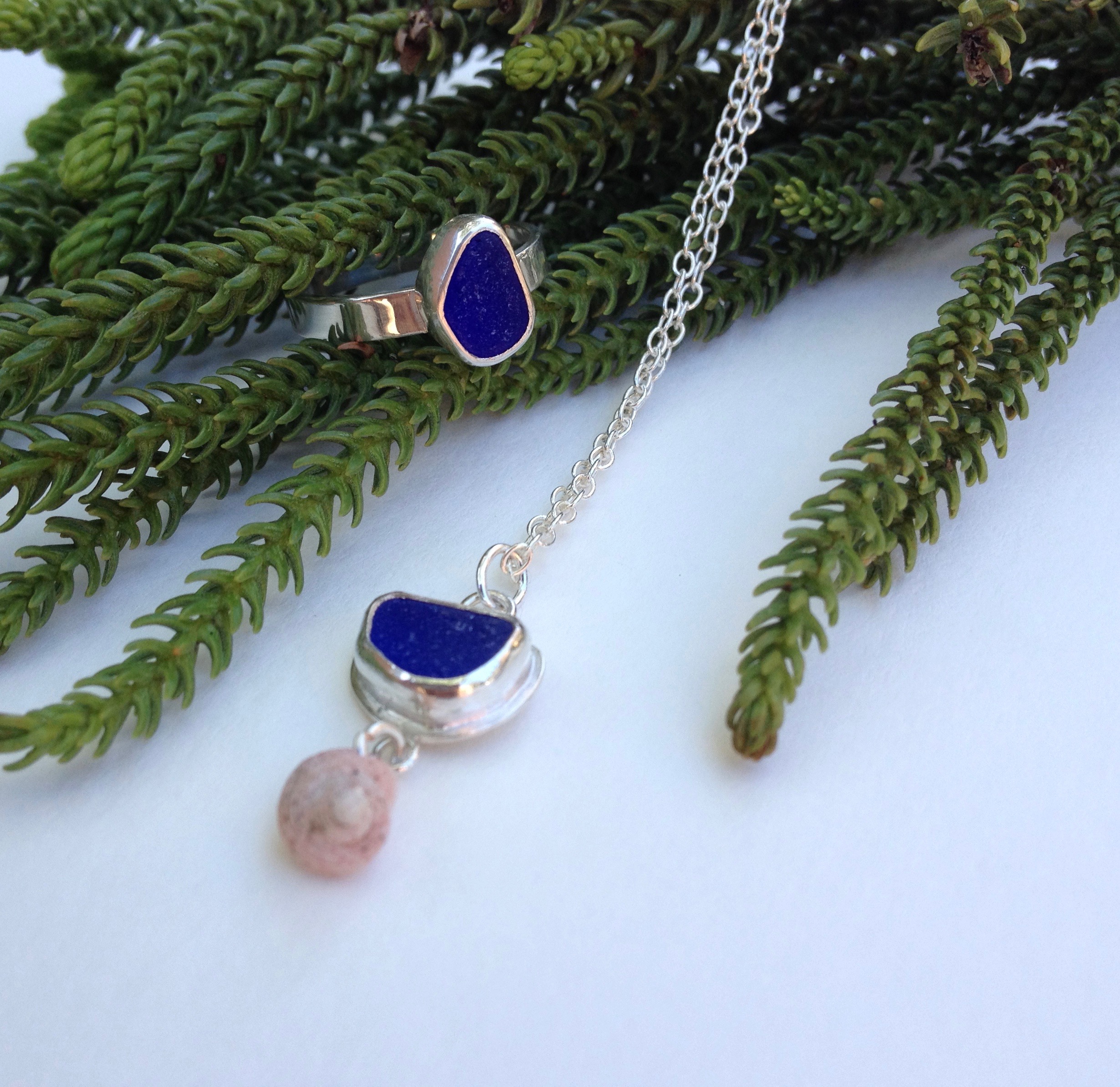 Cobalt Sea Glass Ring and Necklace Set