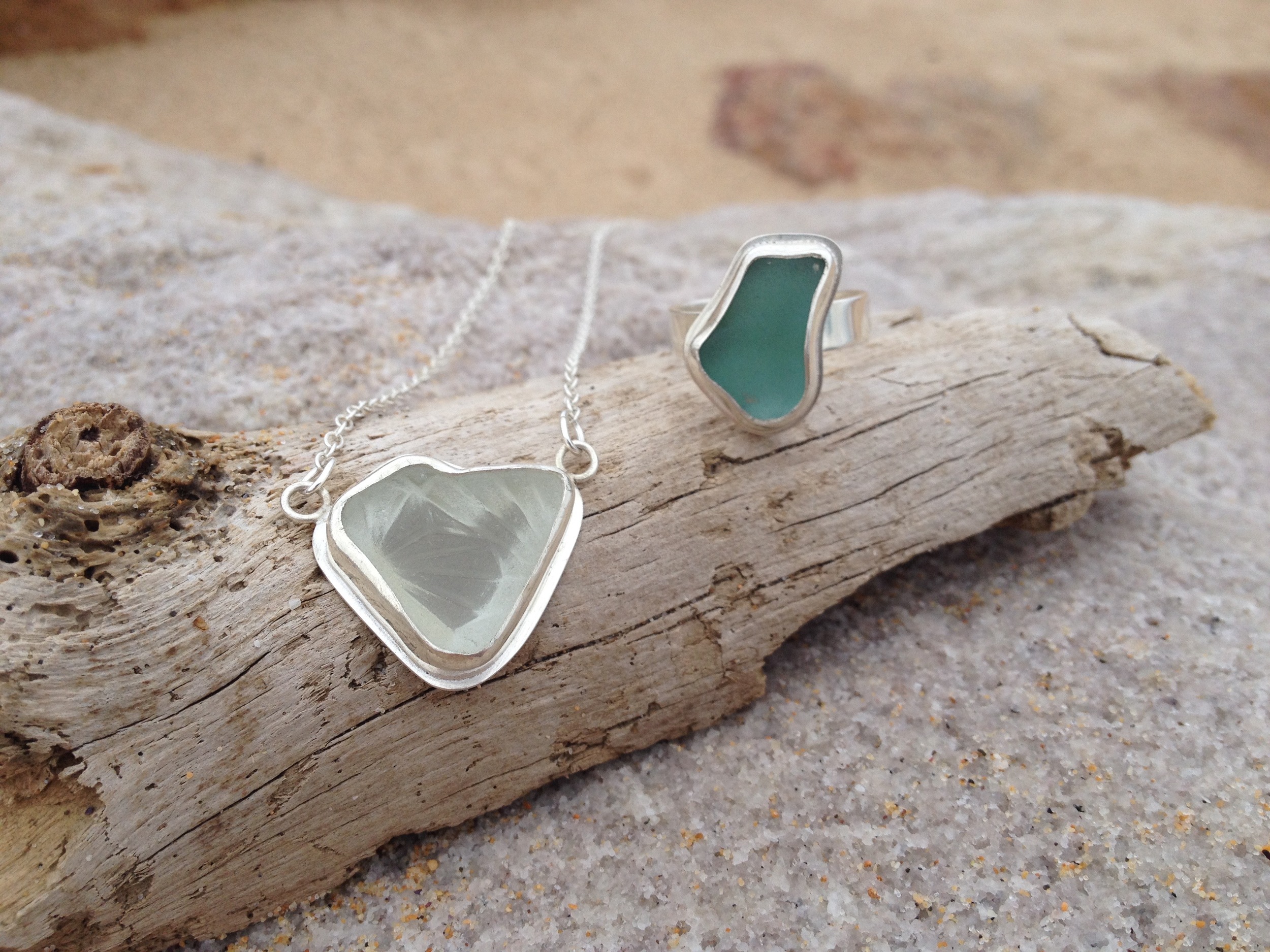 Crystal Heart White Sea Glass Necklace and Turquoise Sea Glass Ring Set