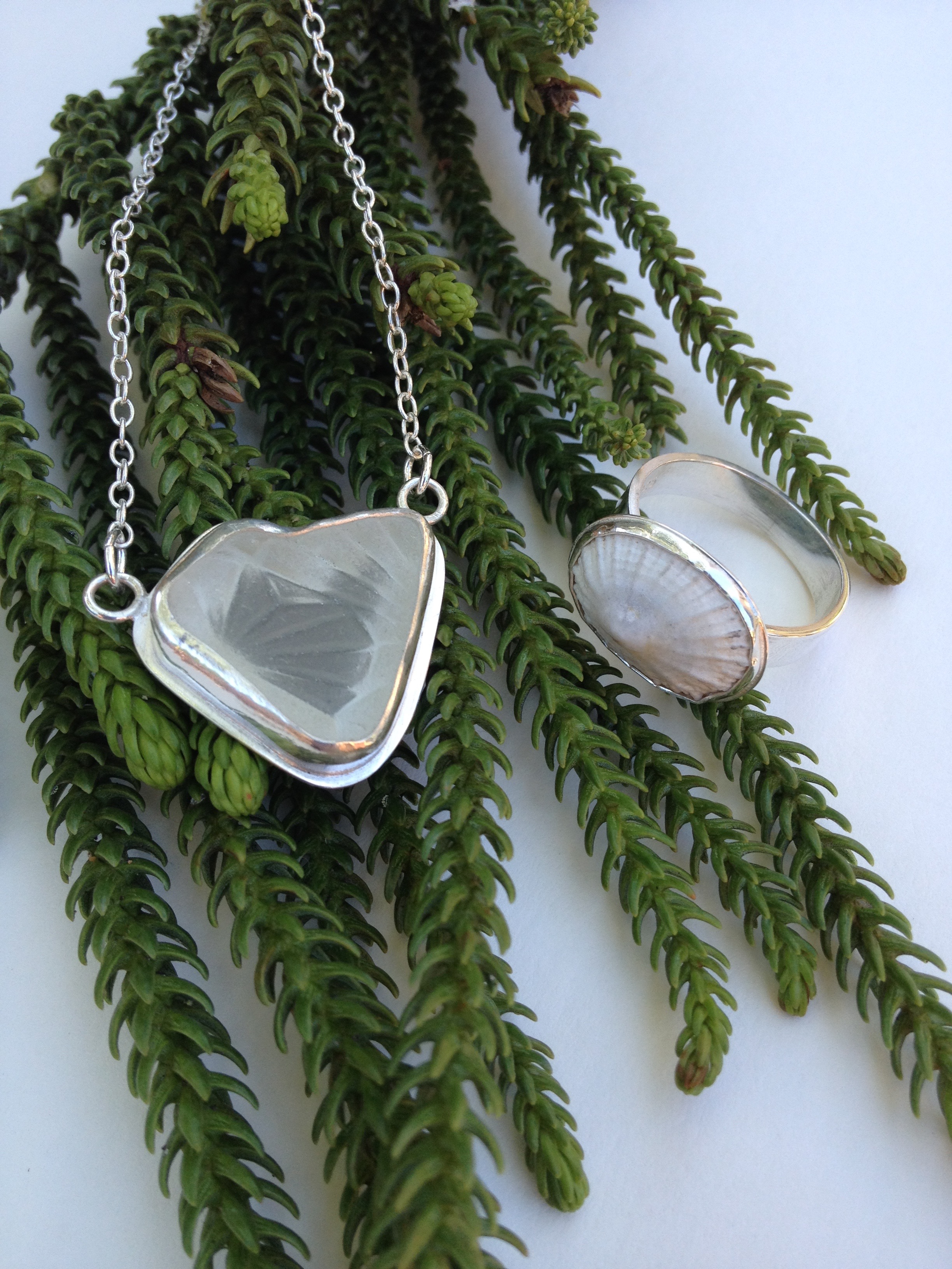 Crystal Heart White Sea Glass Necklace and White Limpet Shell Ring