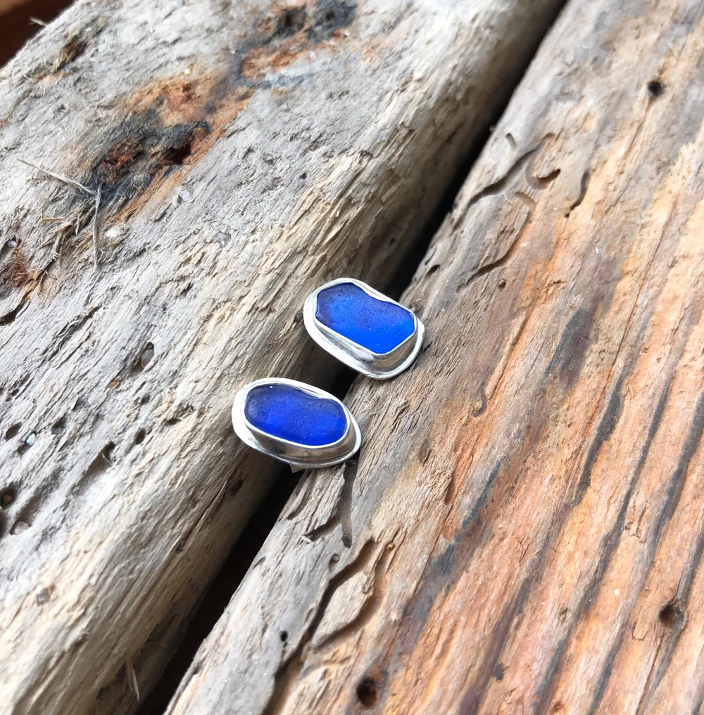 Cobalt Blue Sea Glass Stud Earrings in Sterling Silver — Bridget