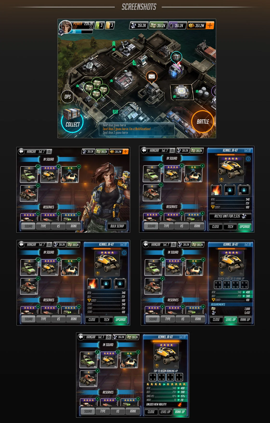 Homebase UI and Hangar UI; the Hangar is the primary place for players to view, upgrade, and add abilities to their units.