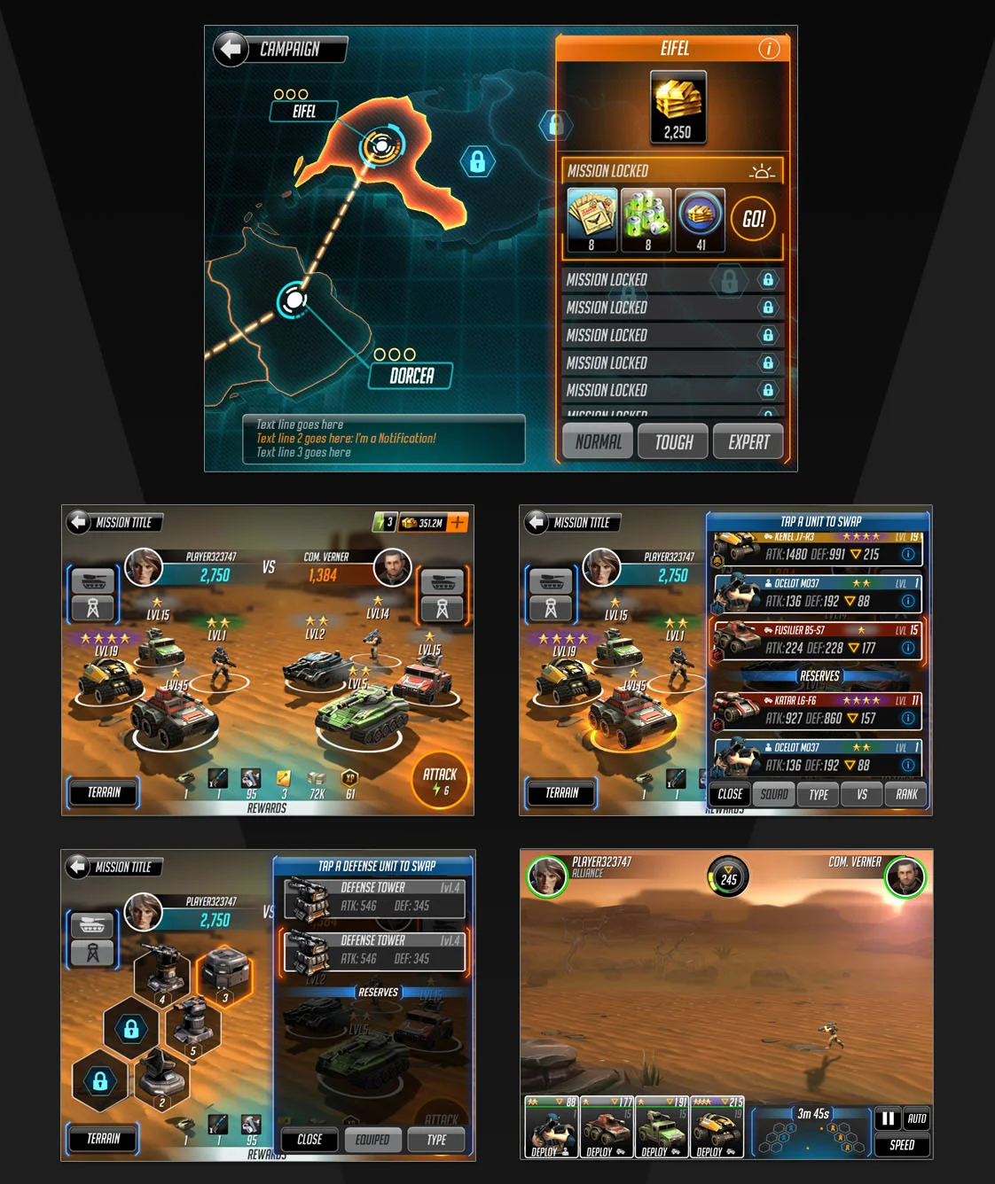 Campaign Map UI and Mission Briefing set up where players can organize their units and defense towers prior to battle.