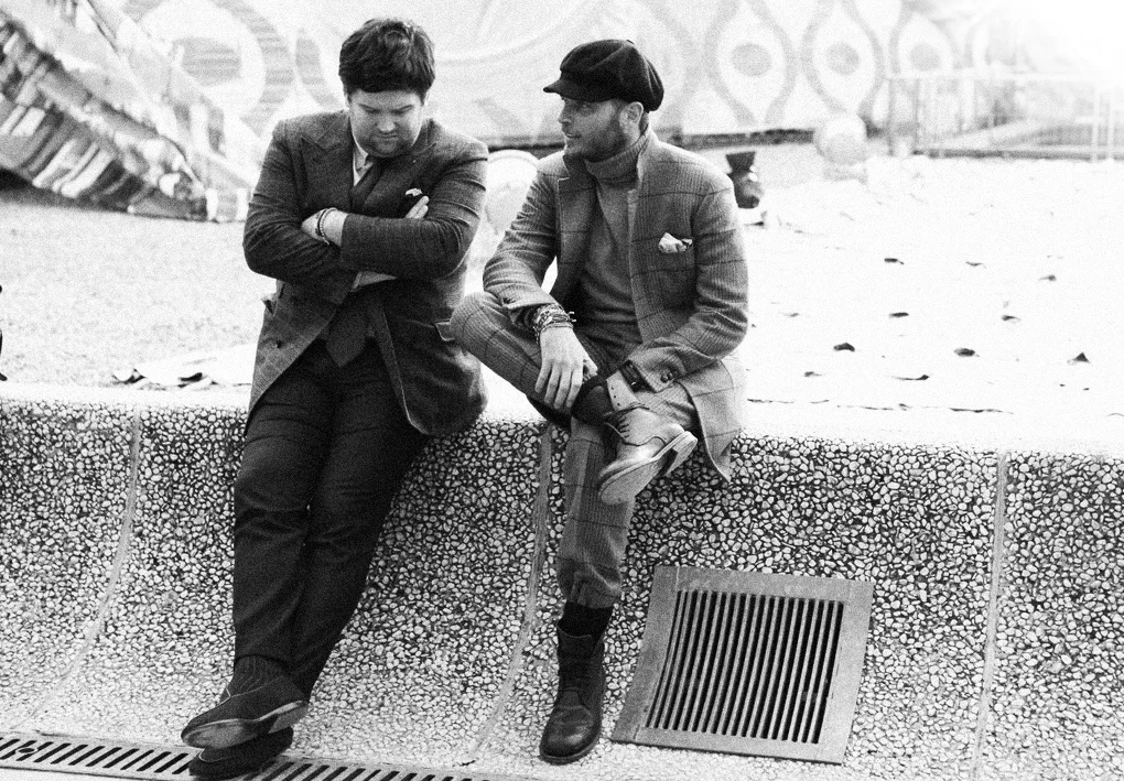 Andrew Seibert (left) at Pitti Uomo with friend and collaborator Luca Rubinacci.