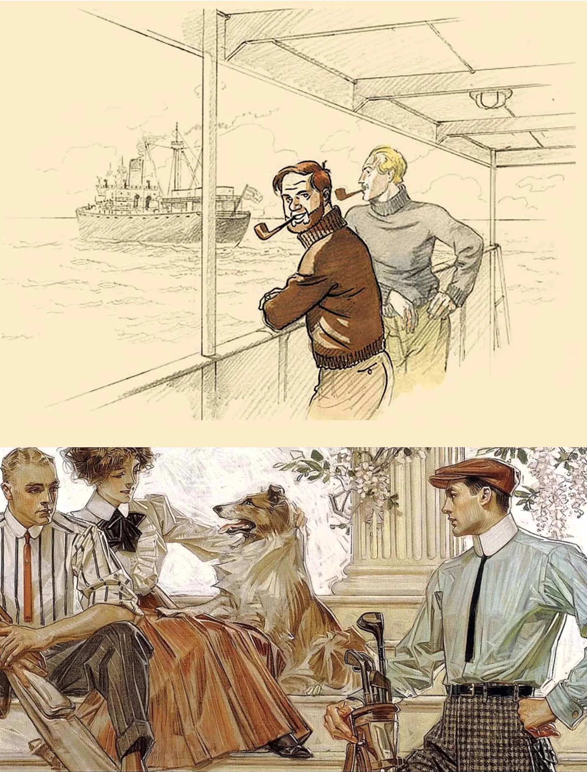 Influential illustrations from adventure comic series Blake et Mortimer (top) and US commercial artist JC Leyendecker. 