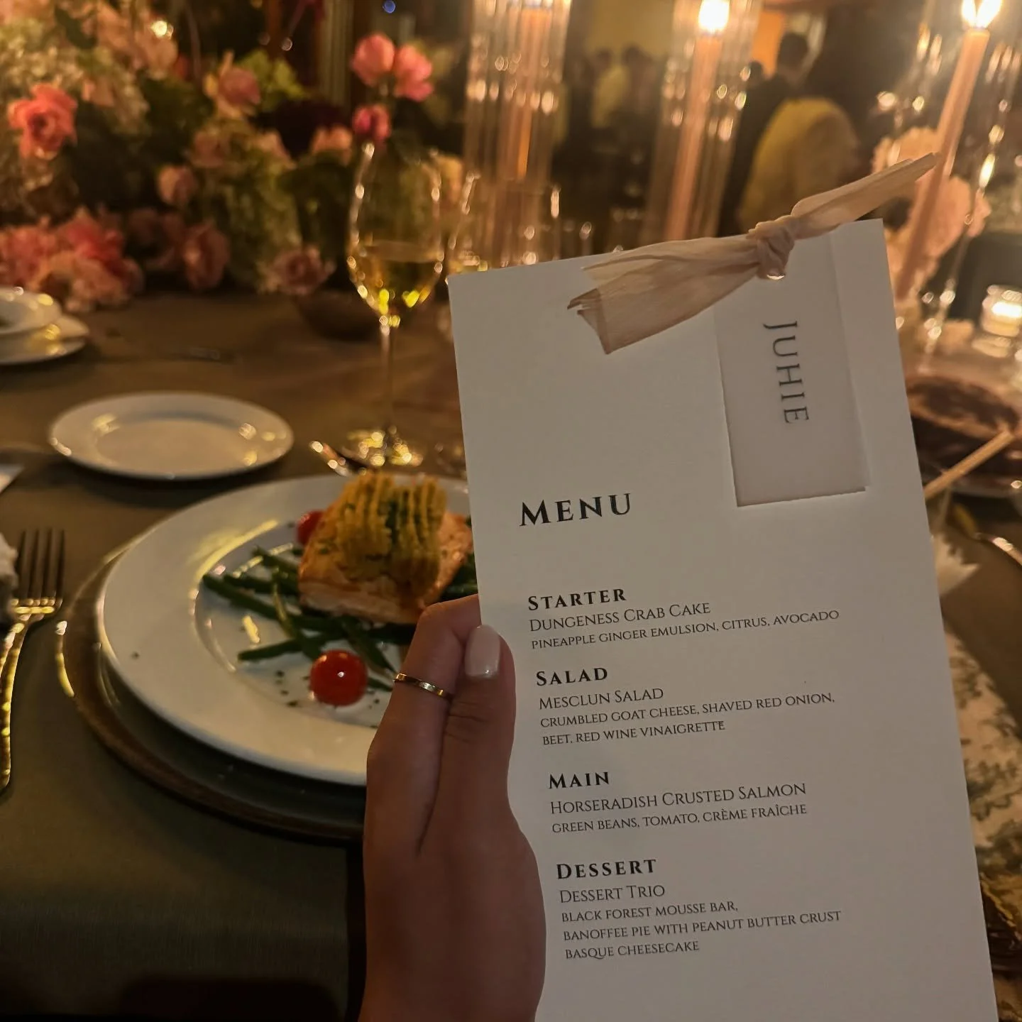 Final products: Menus from the Sorensen wedding!

Printed on linen paper with names on vellum. The ribbon colors indicate meal preferences (neutral for salmon, red for steak).