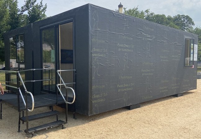  PathHouse's housing modules, like the one shown here at the 2023 Innovative Housing Showcase in Washington D.C., on June 9, 2023, utilize timber extracted via restoration forest-management practices. &nbsp; Photo by Michael Sirak  