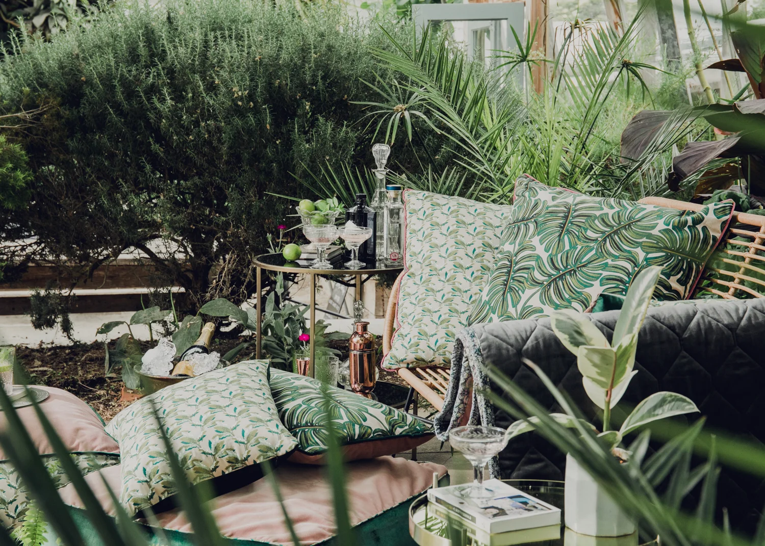 Velvet and tropical print cushions available here . 