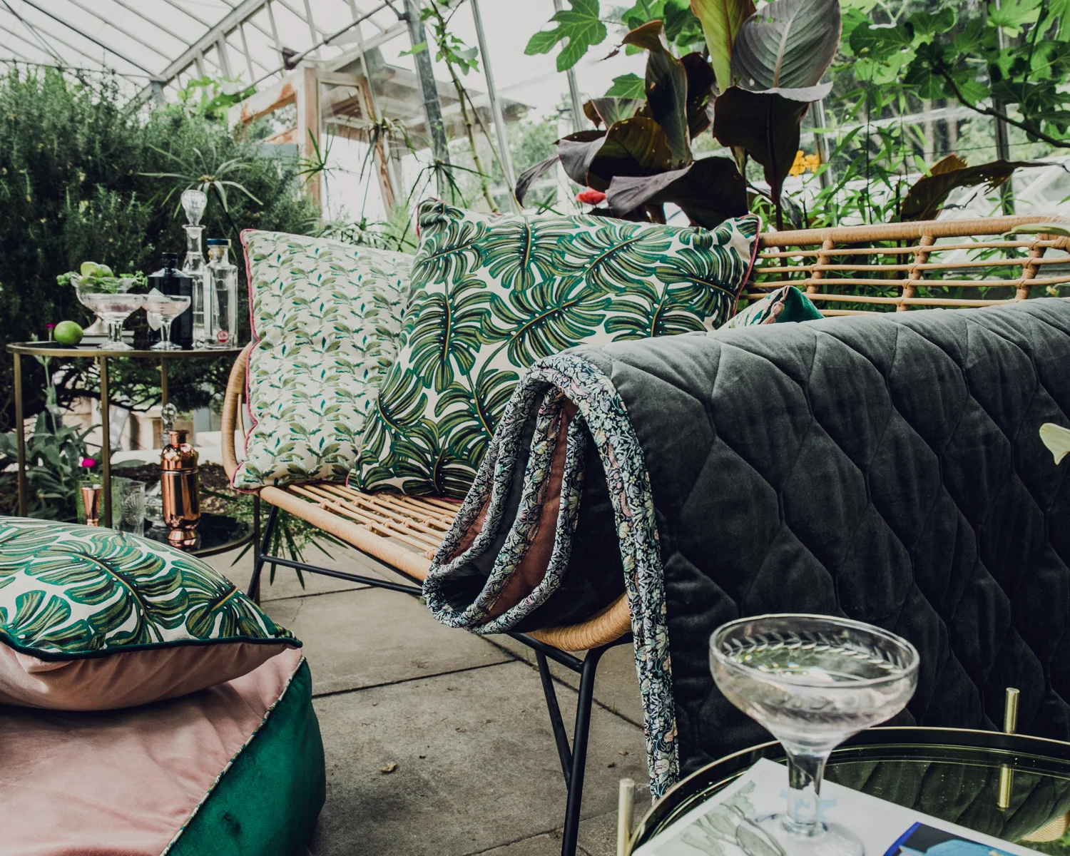 Velvet and Tropical Print Cushions available now. Grey Velvet Strawberry Thief Quilt available September