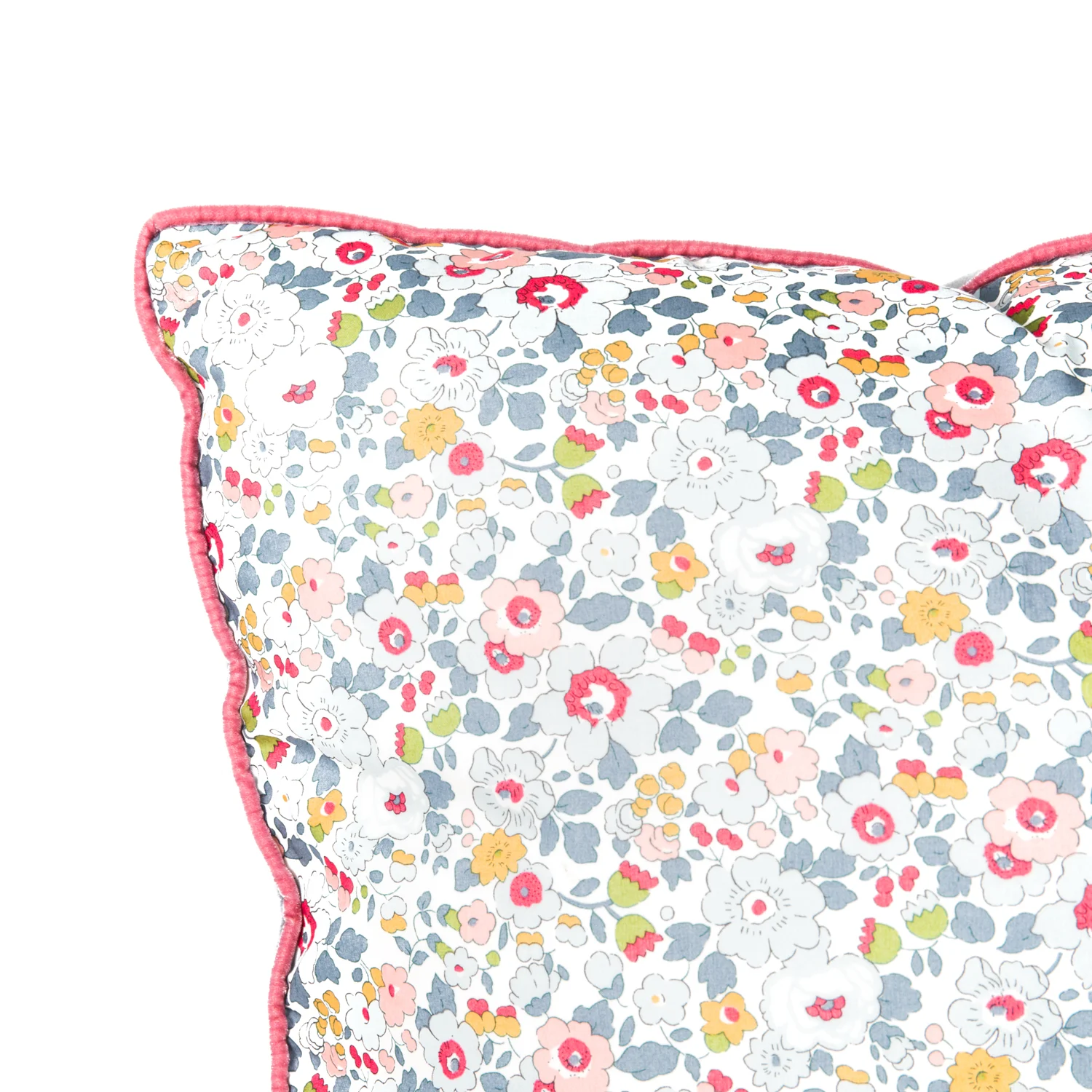 Extra Large cushion in Liberty of London ‘Betsy.’ piped in pink velvet with silver grey velvet on the reverse.
