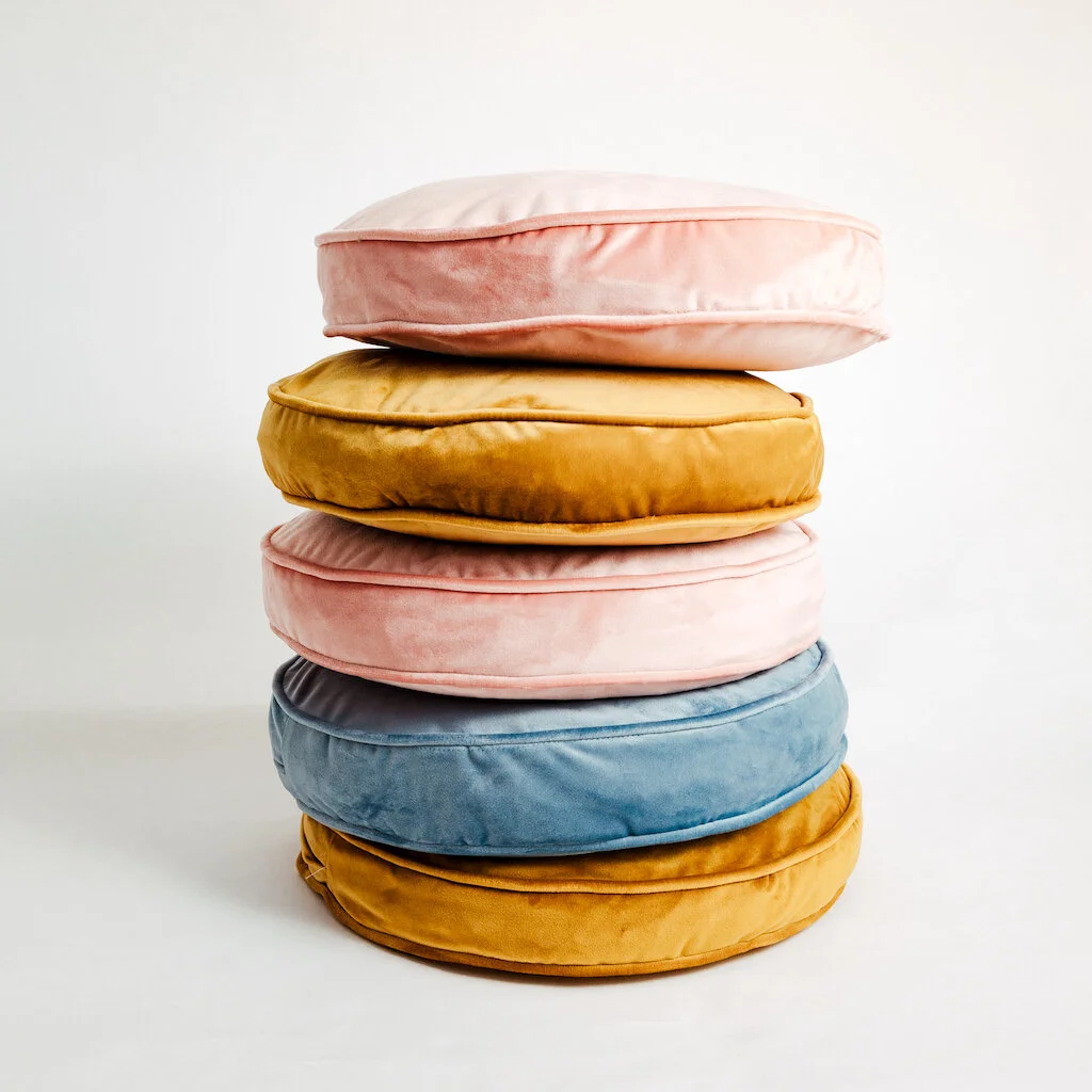 A cheery snap of our gorgeous round Macaron cushions. Handmade in Cornwall from Designers Guild Velvets.