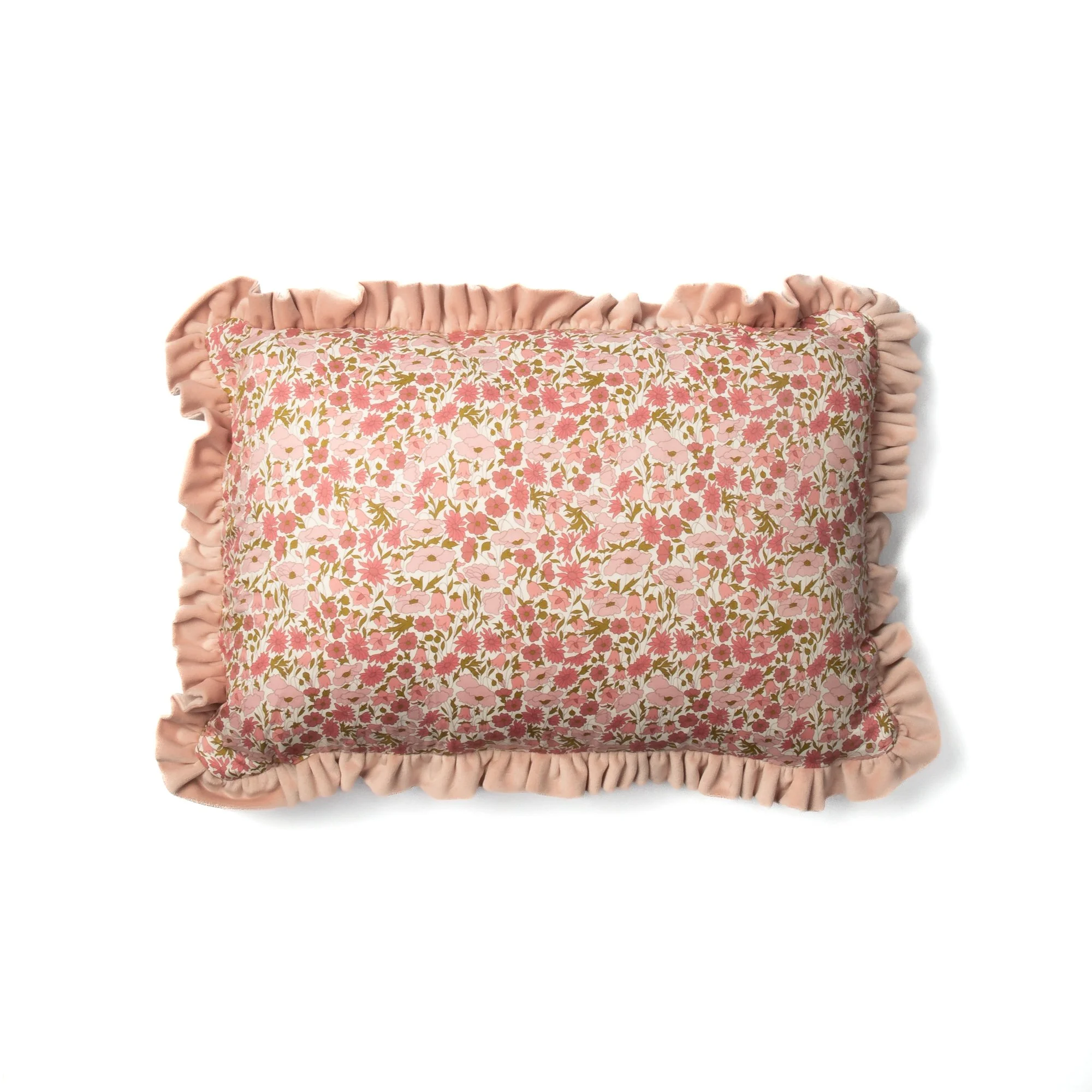 Velvet Ruffle Cushion made from Liberty Fabric 'Poppy and Daisy Pink'