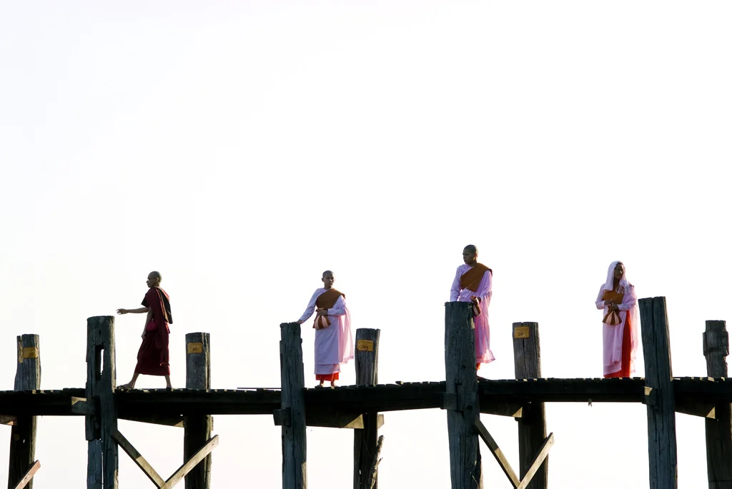 (214) four monks on the U Bein Bridge, Amarapura, myanmar (burma).jpg