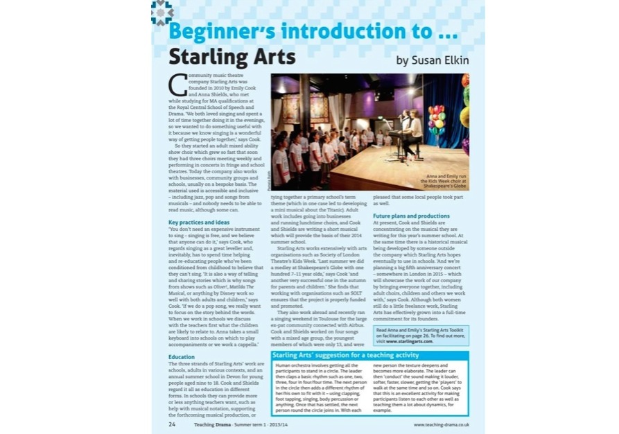 A feature on Starling Arts in Teaching Drama Magazine