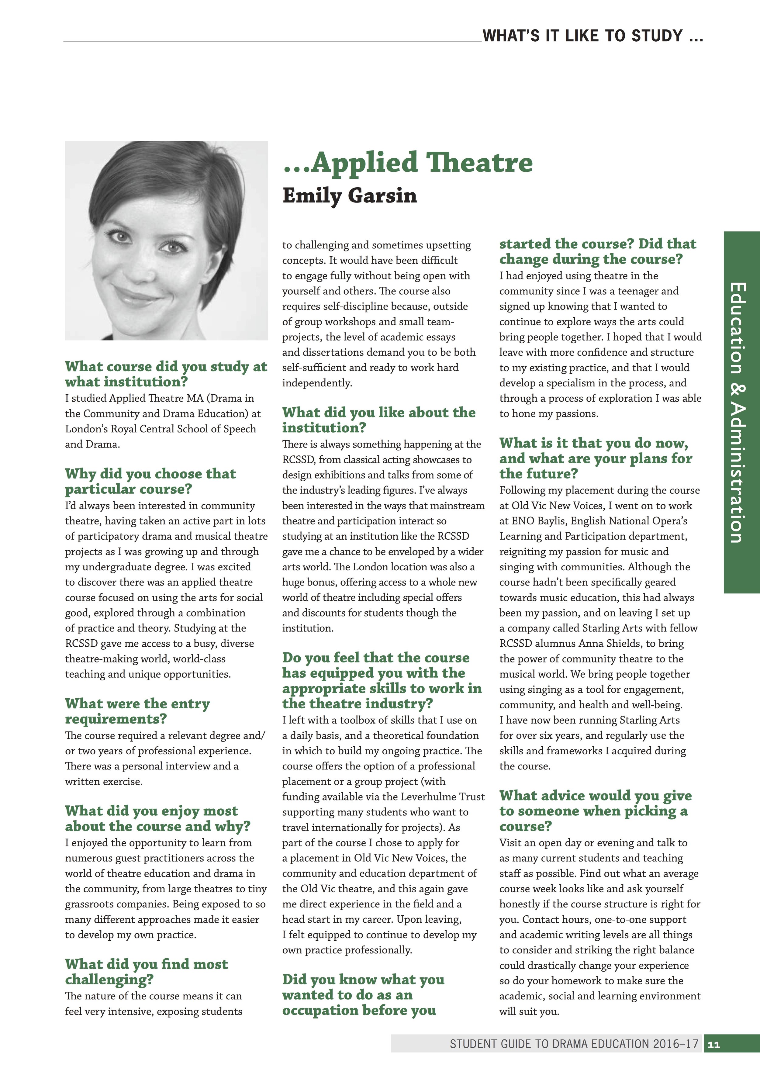 Feature on Emily's training in the Drama Education Guide