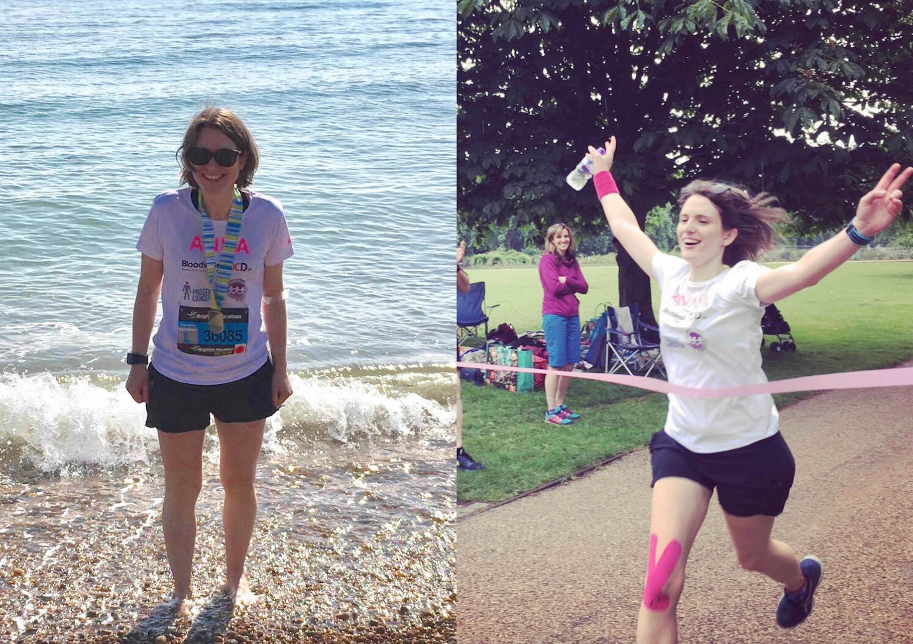 Anna after the Brighton Marathon in April 2017 (LEFT) and finishing her marathon relay in May 2017 (RIGHT)