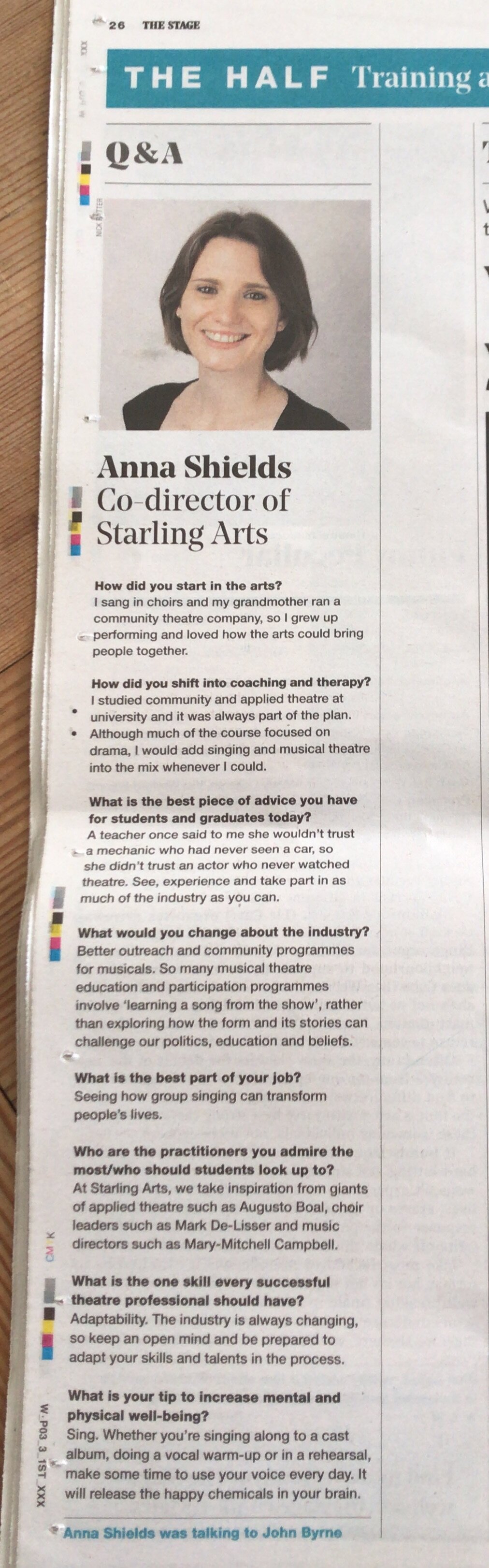 Q & A with Anna Shields in The Stage newspaper