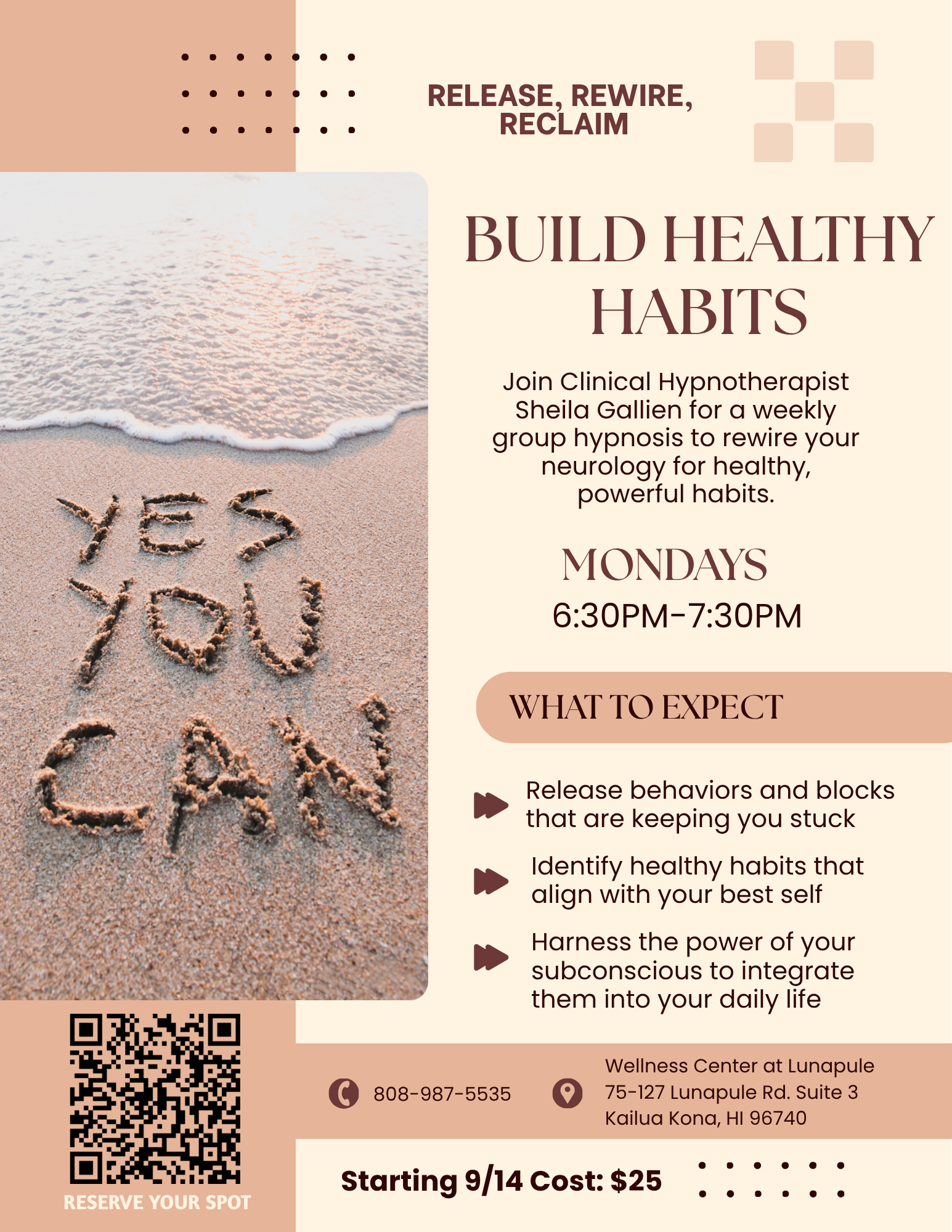 Description of healthy habits group hypnosis for $25 every Monday