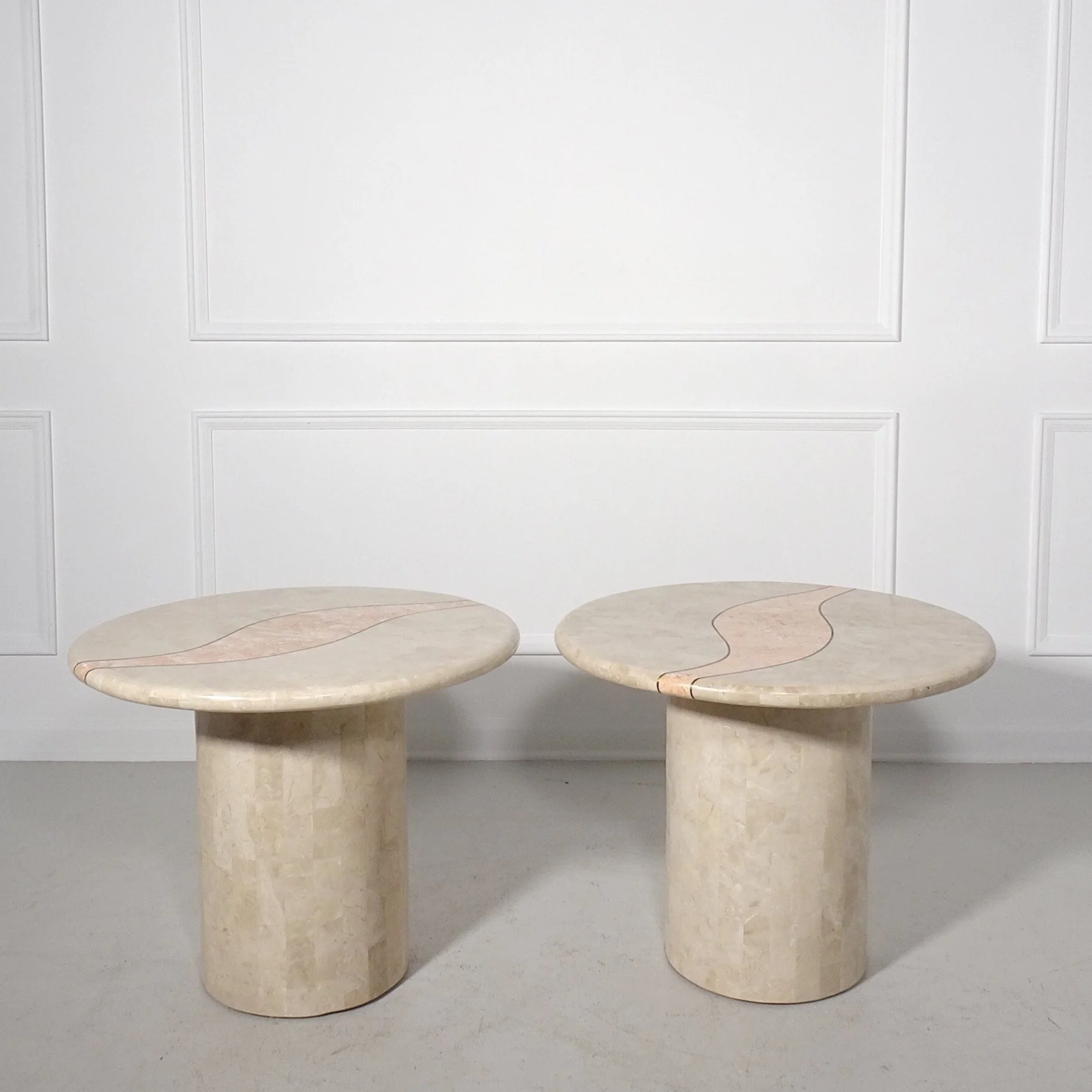 Post Modern Tessellated Stone Abstract Brass Inlay Pedestal Tables - A Pair 