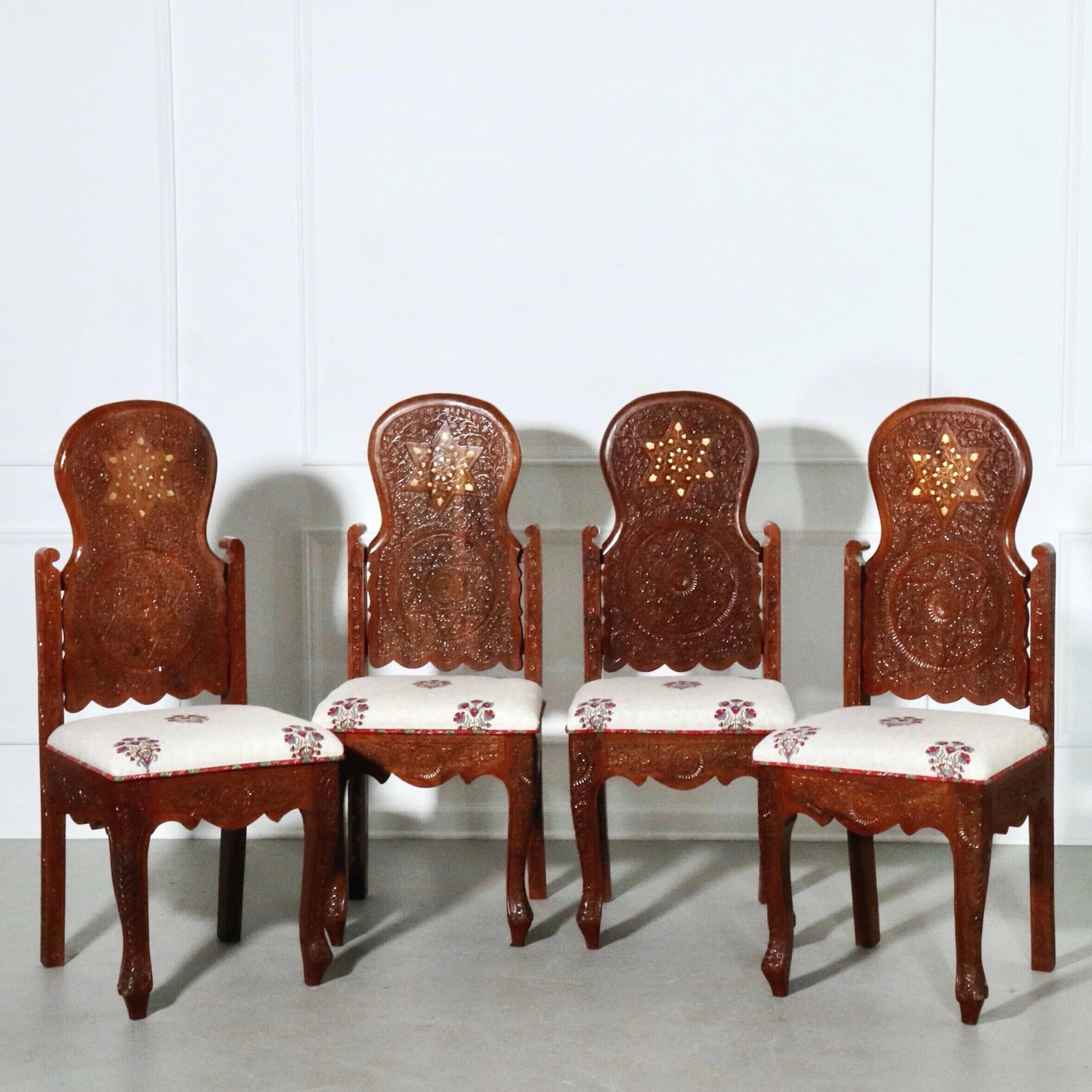 Anglo-Indian Carved Inlaid Rosewood Block Print Side Chairs - Set 