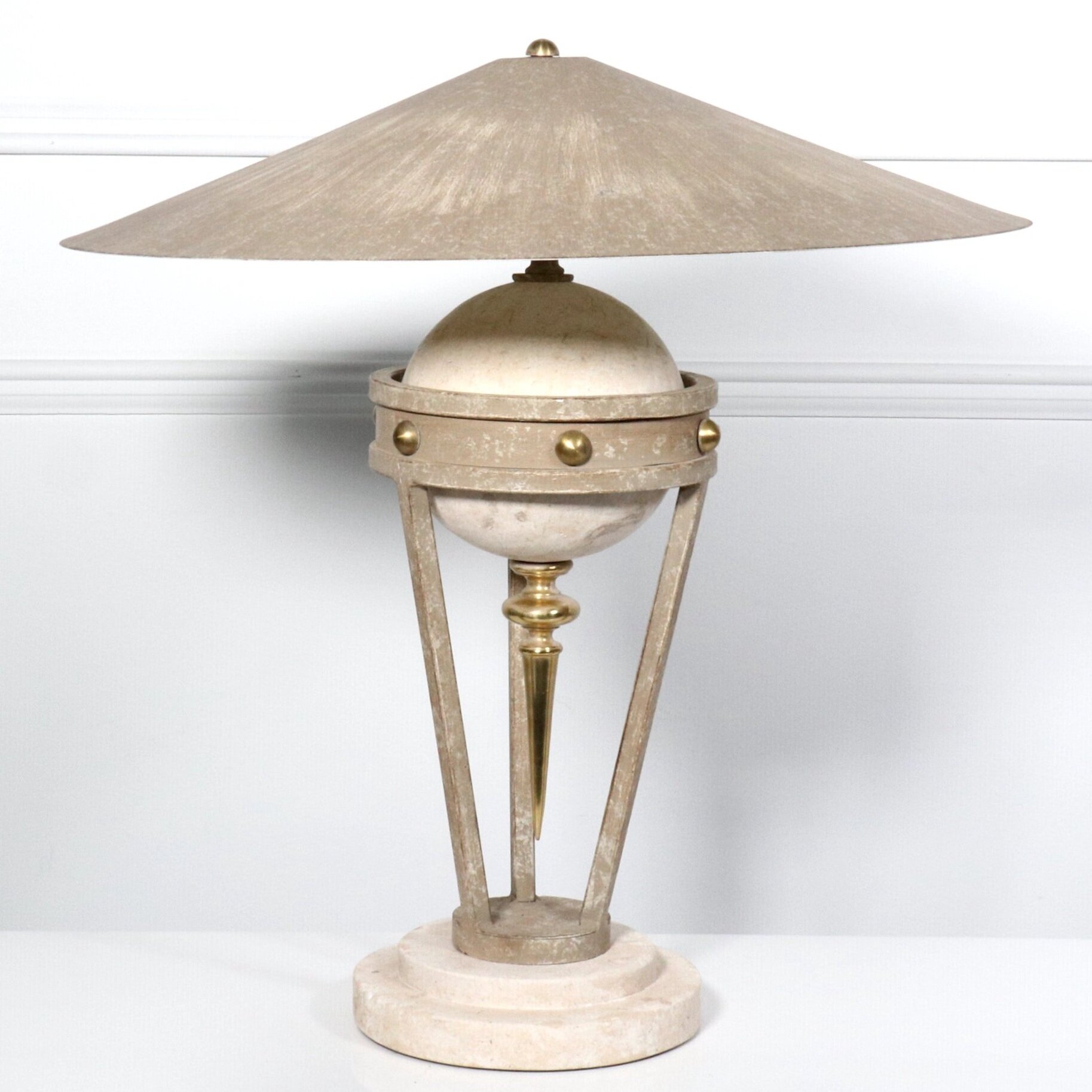 Neoclassical Modern Travertine Cast Iron and Brass Sculptural Lamp by Michael Taylor