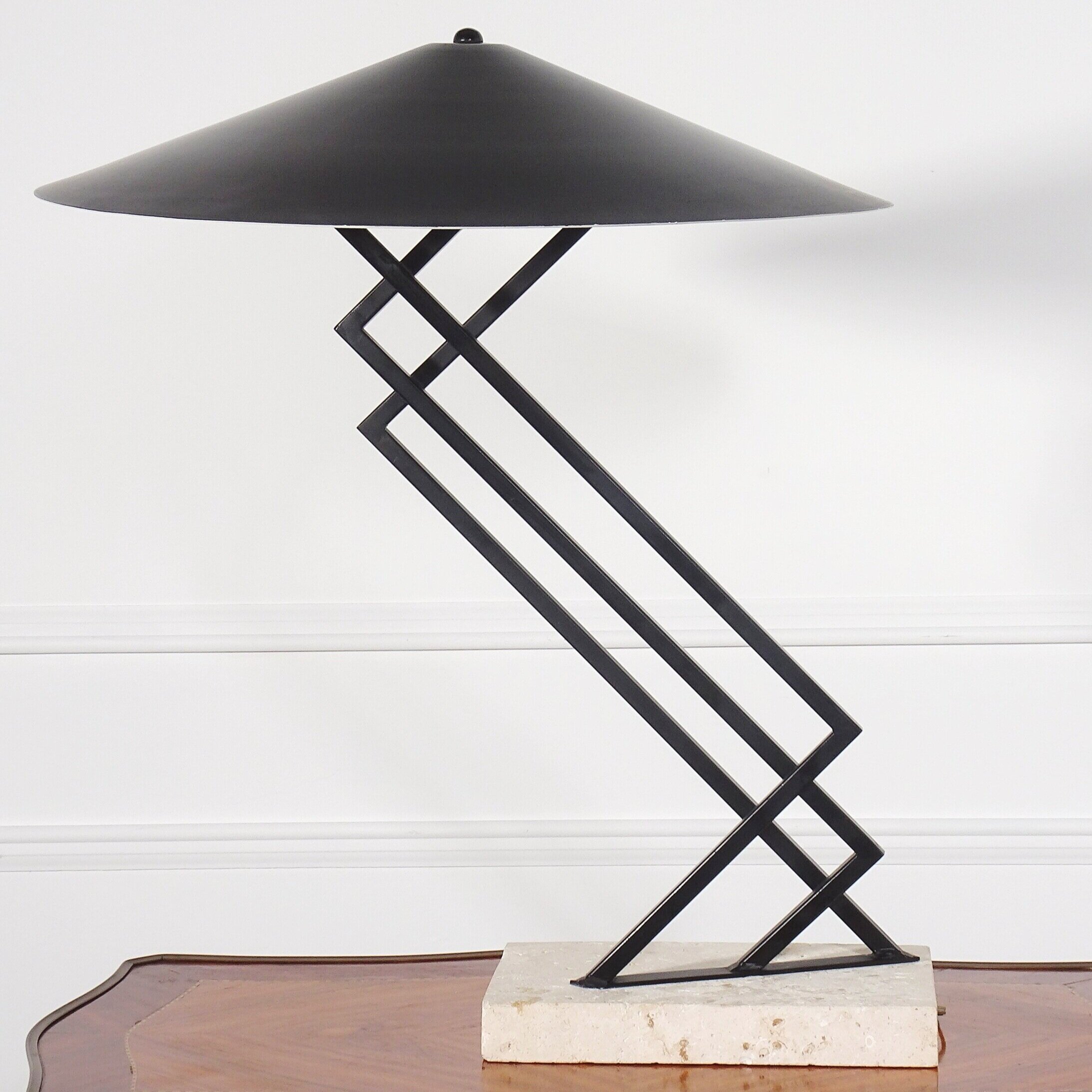 Michael Taylor Postmodern Cantilevered Iron and Travertine Sculptural Lamp