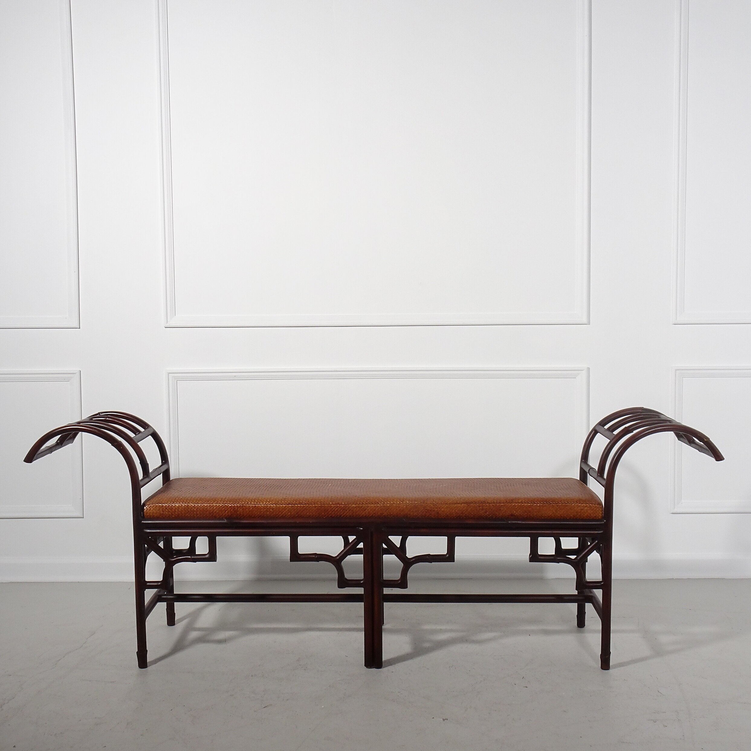 Rolled Arm Chinese Chippendale Faux Bamboo Aluminum Bench 