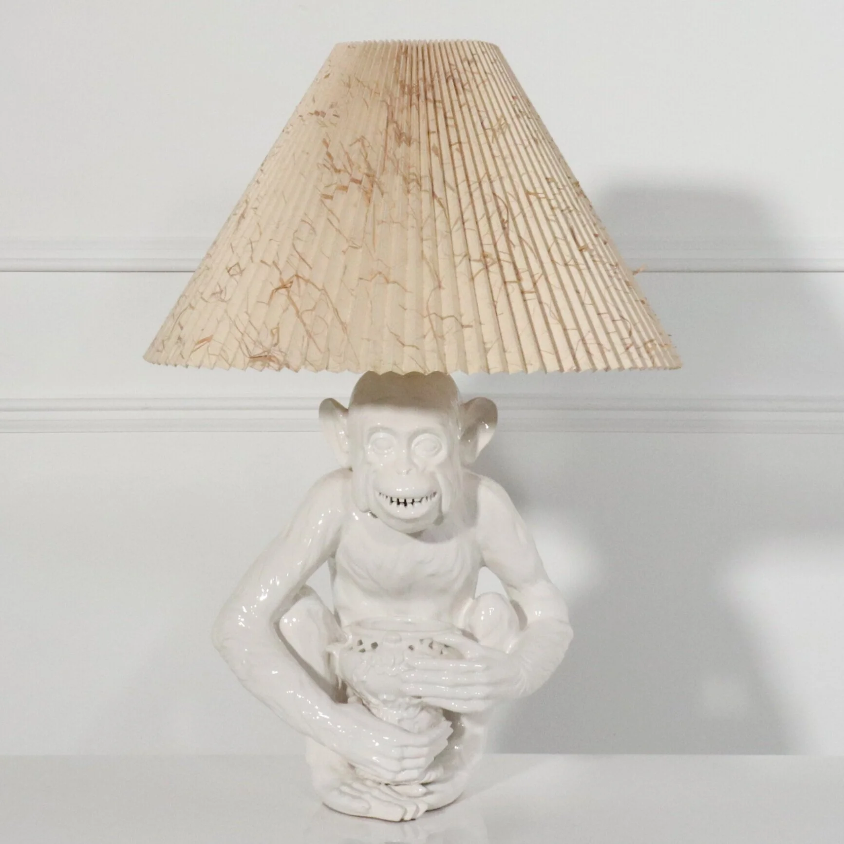 1960s Italian White Ceramic Monkey Lamp with Pleated Paper Shade 
