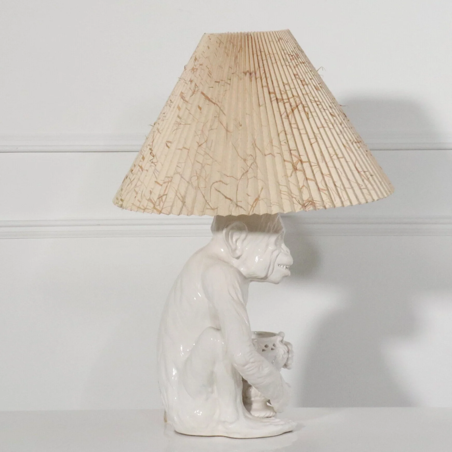 1960s Italian White Ceramic Monkey Lamp with Pleated Paper Shade 